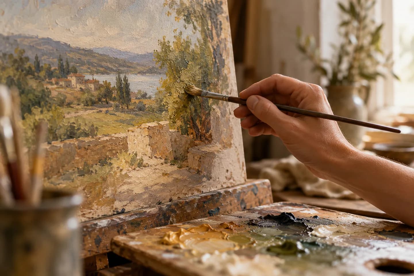 Illustration of a brush meeting a canvas and textured pigment