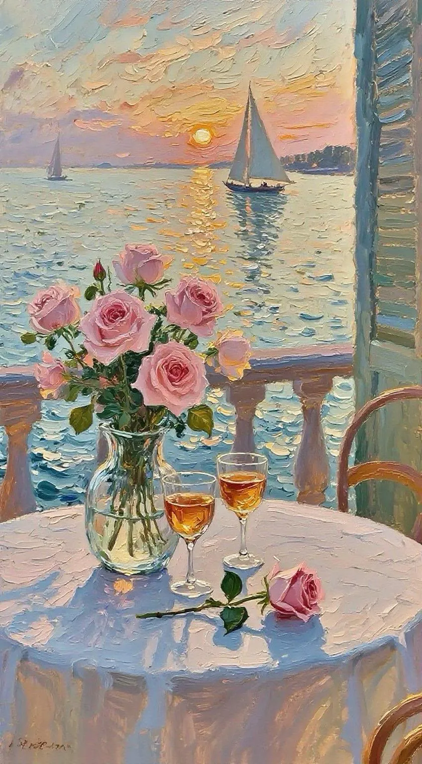 Roses, Wine and Sunset Sails — Oil on canvas