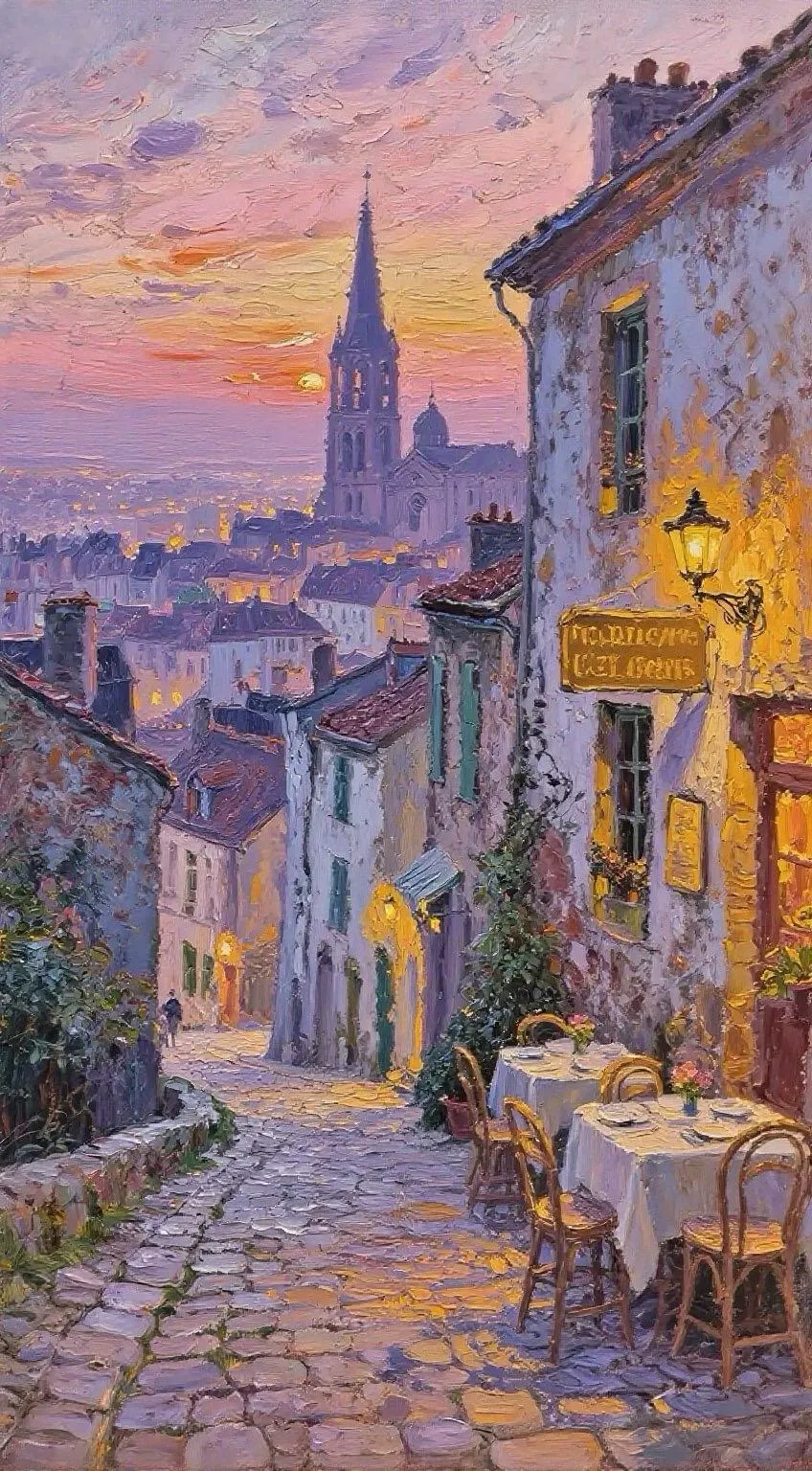 Twilight Lanes and the Clock Tower — Oil on canvas