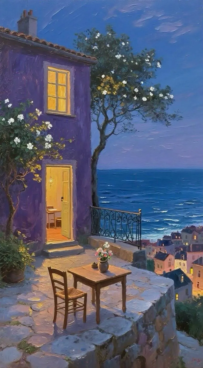 紫屋・花树・夜海的温柔 — Oil on canvas
