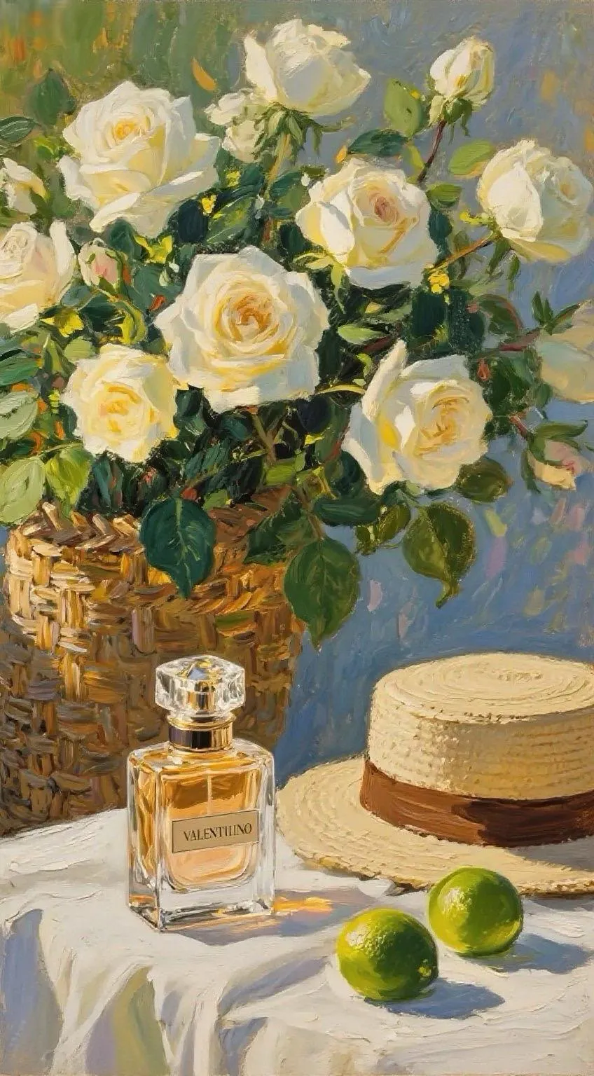 香水瓶与白玫瑰的午后 — Oil on canvas