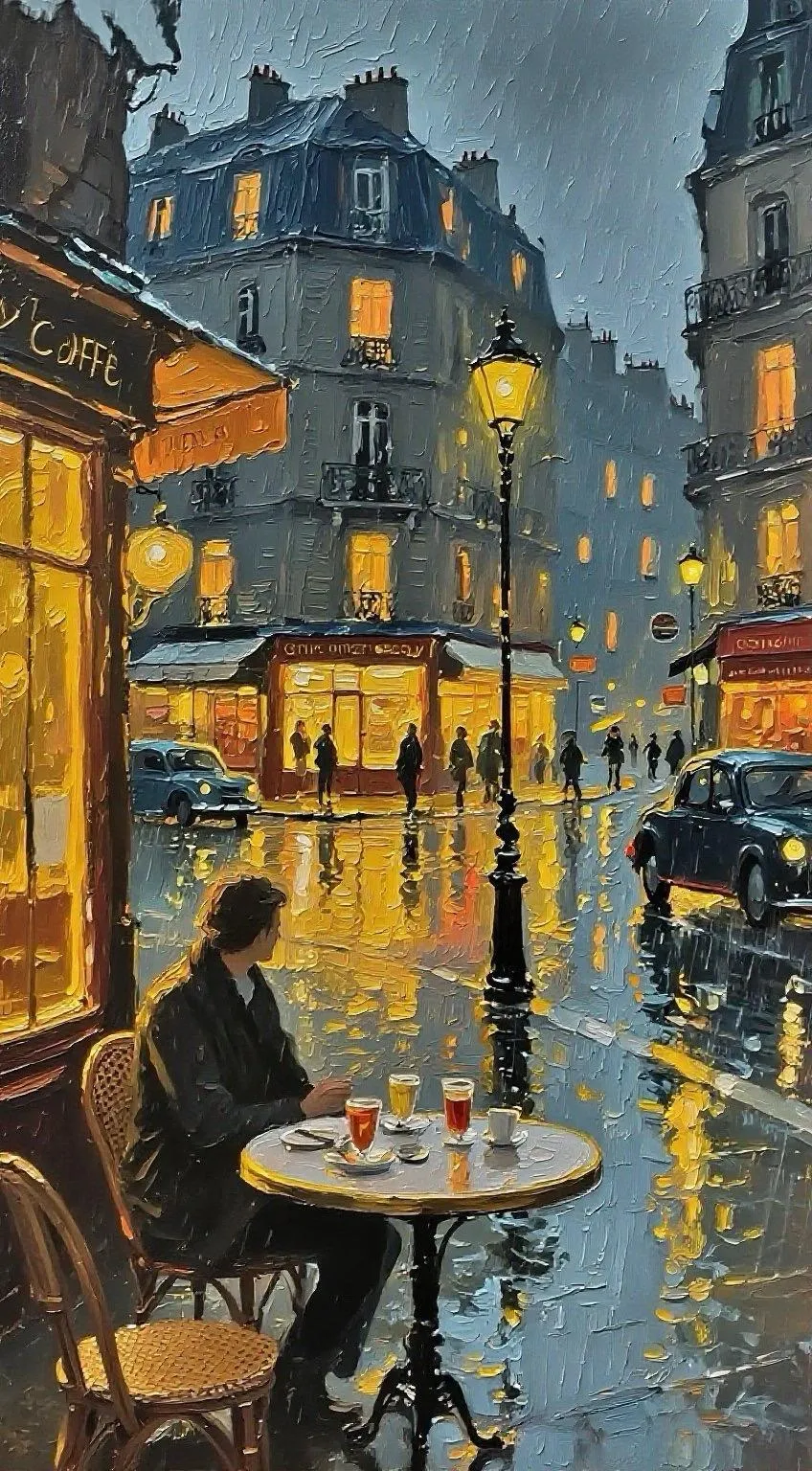 咖啡座・雨街・灯火漫染 — Oil on canvas