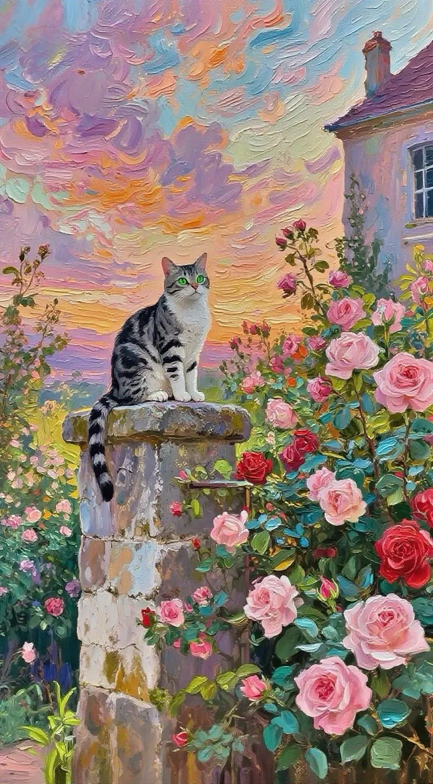 花篱暮色，猫咪的悠然之隅 — Oil on canvas