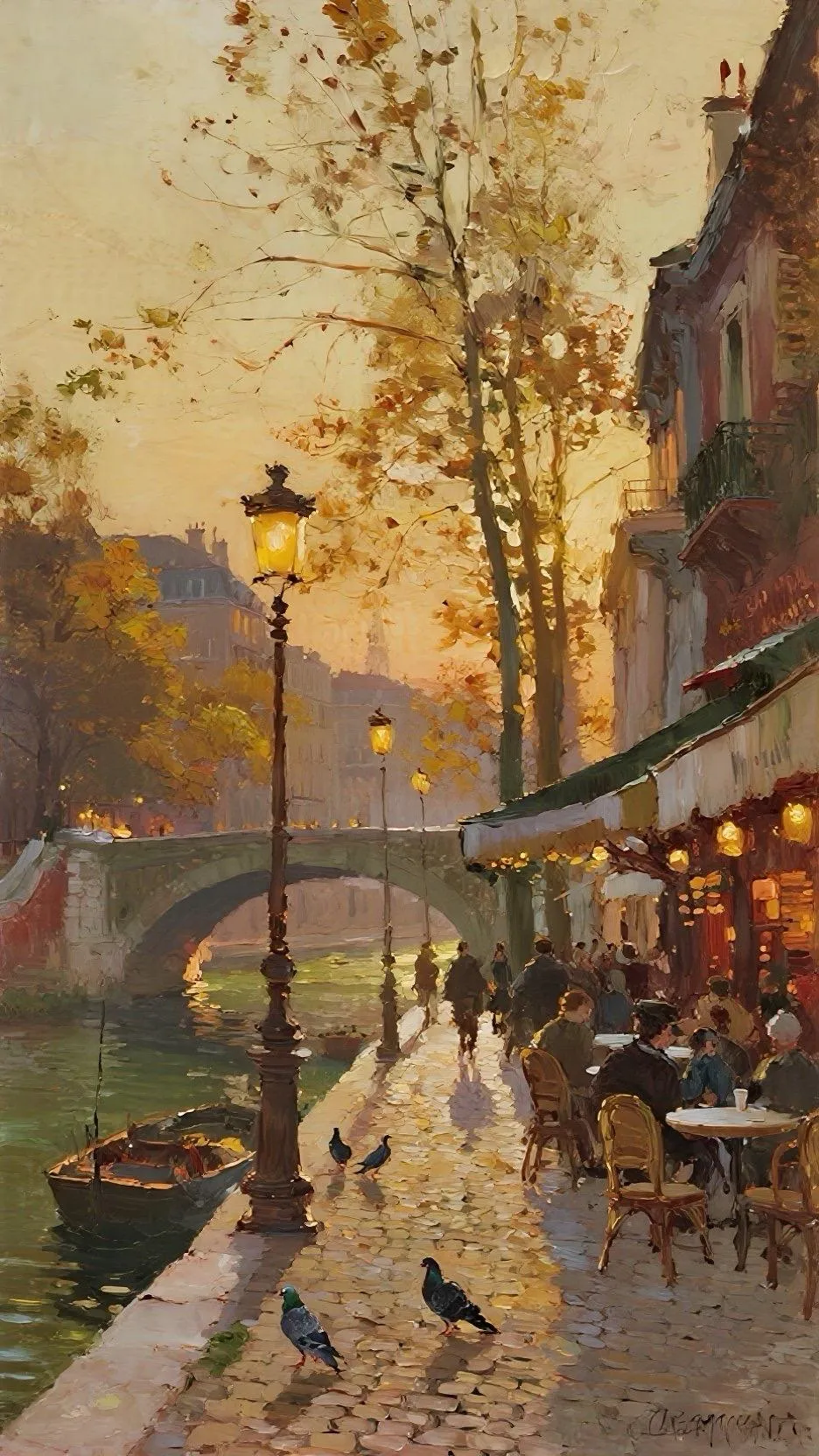 河畔暮色里的闲适时光 — Oil on canvas