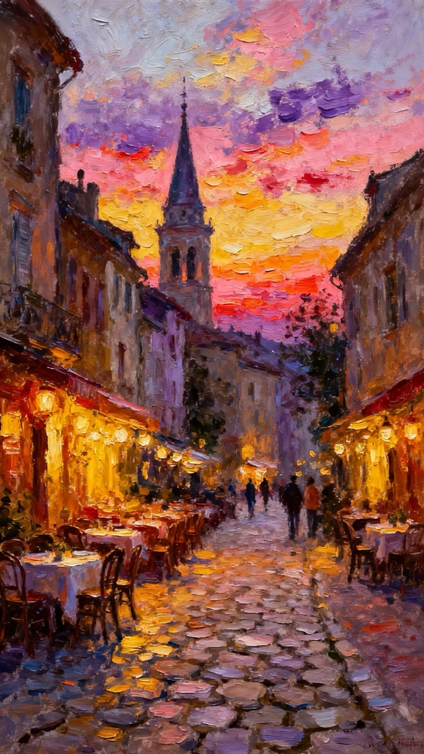 黄昏里的暖灯长街 — Oil on canvas