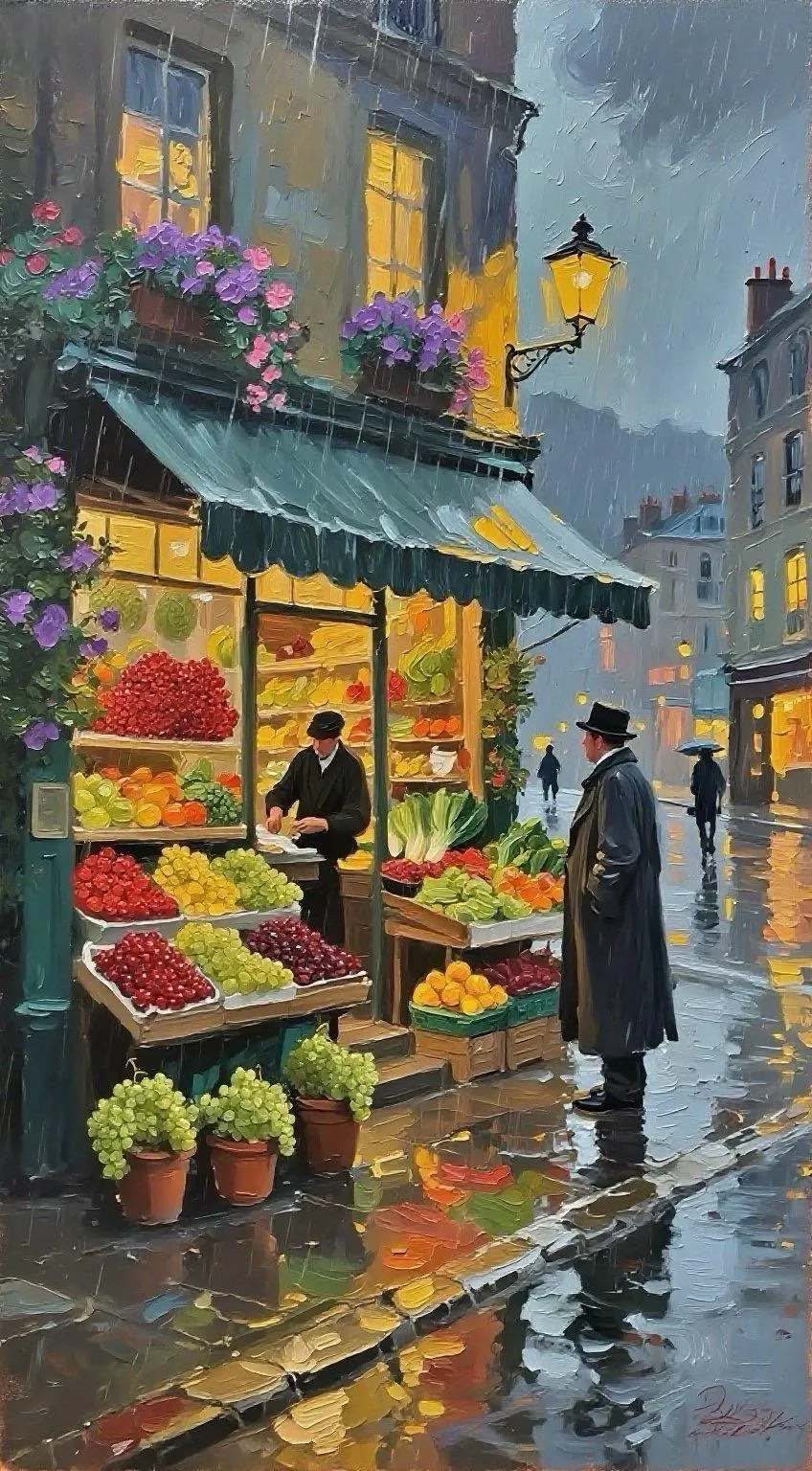 雨夜果铺，暖光与花的邂逅 — Oil on canvas
