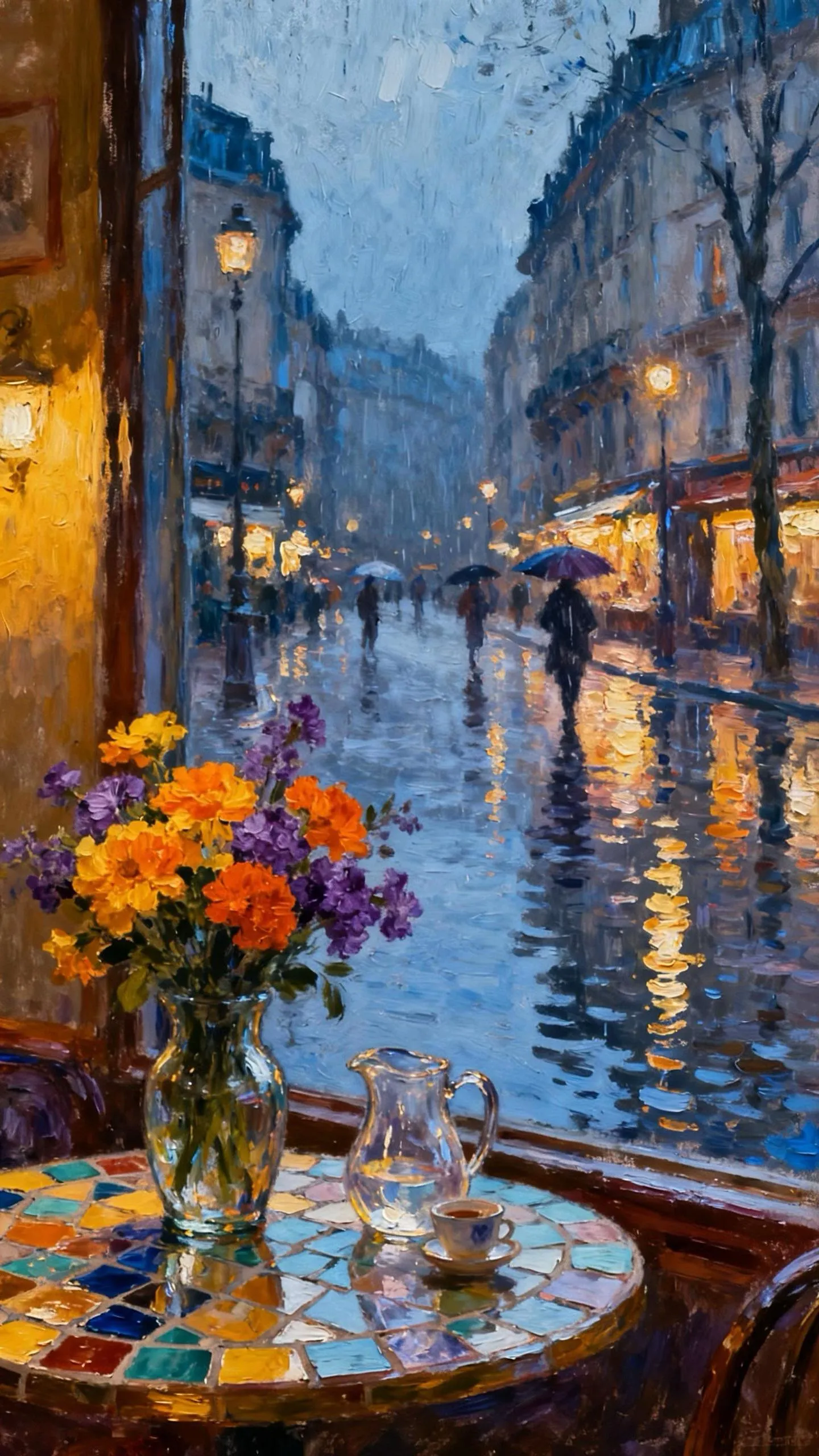 咖啡馆的雨巷花事 — Oil on canvas