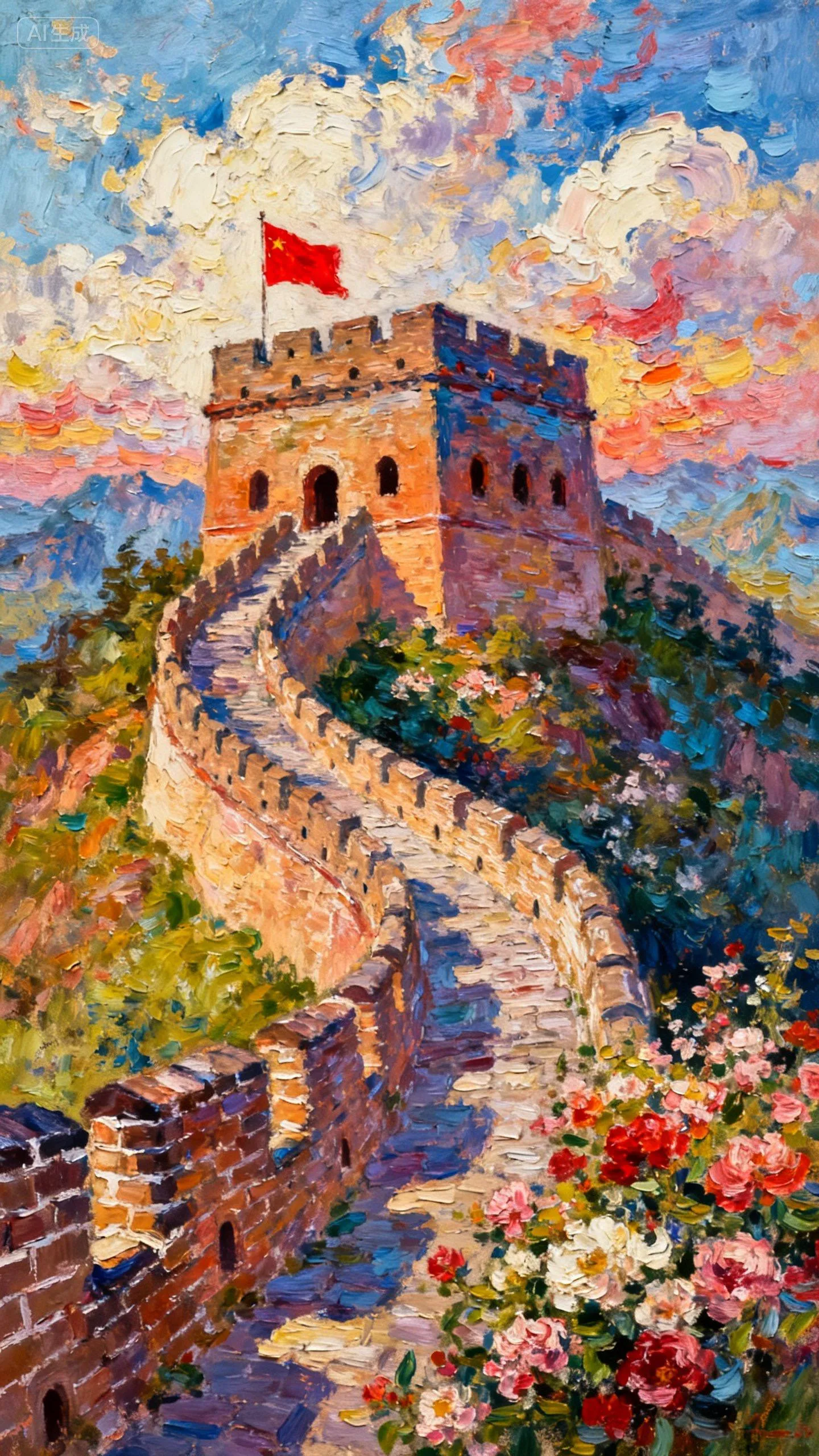 繁花长城红旗颂 — Oil on canvas