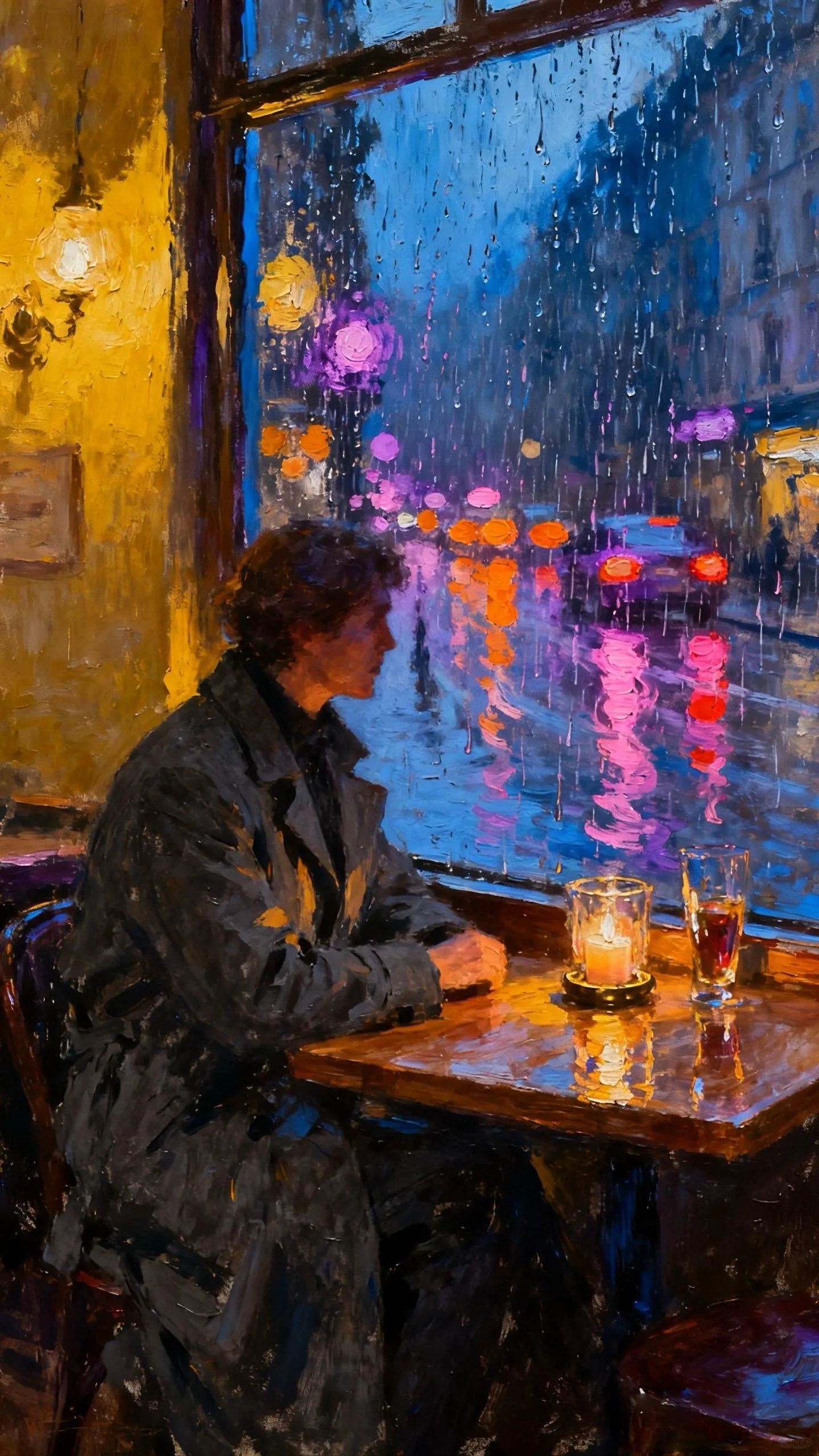 窗内烛光与窗外霓虹 — Oil on canvas