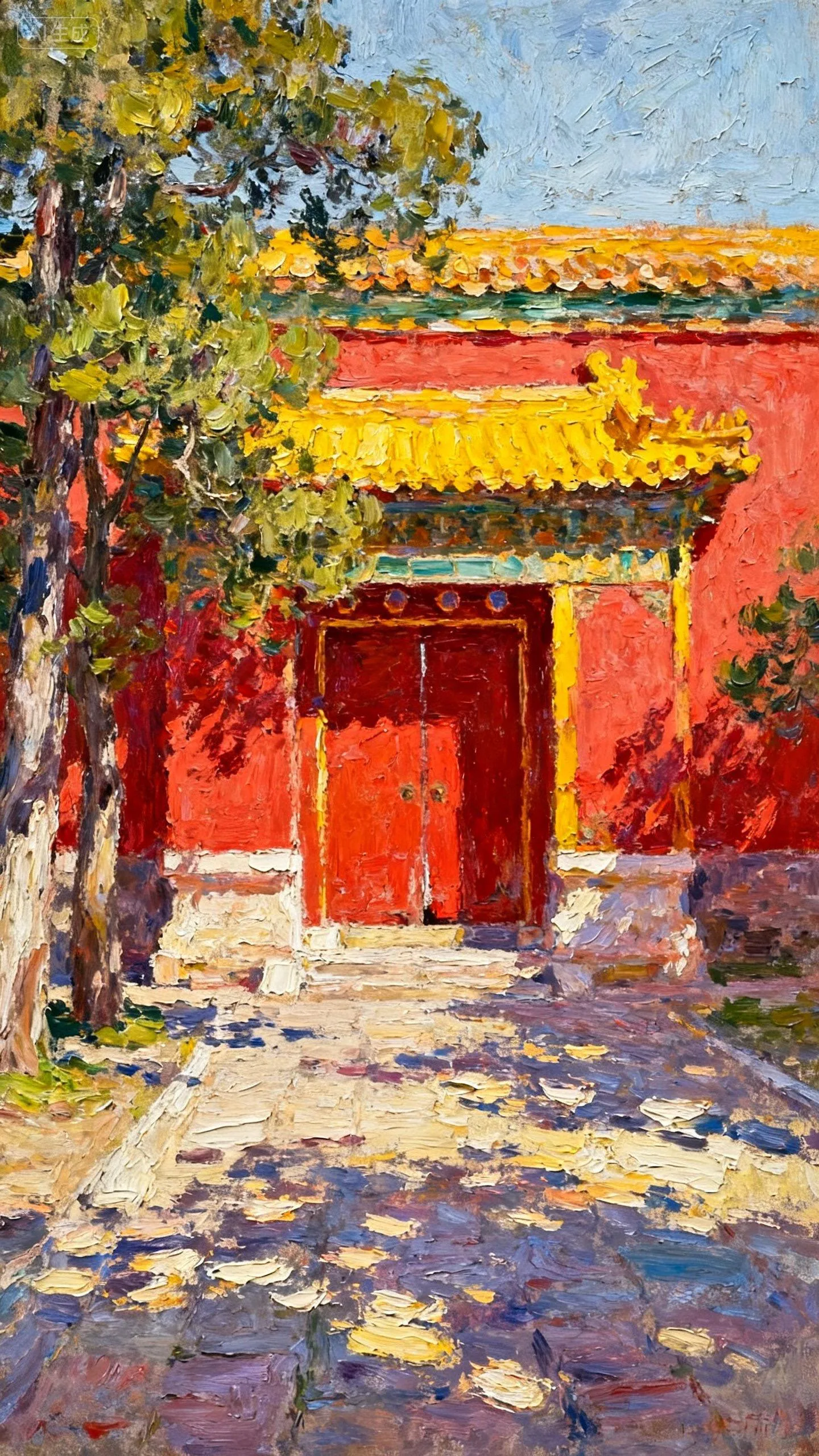 树影红墙旧时光 — Oil on canvas