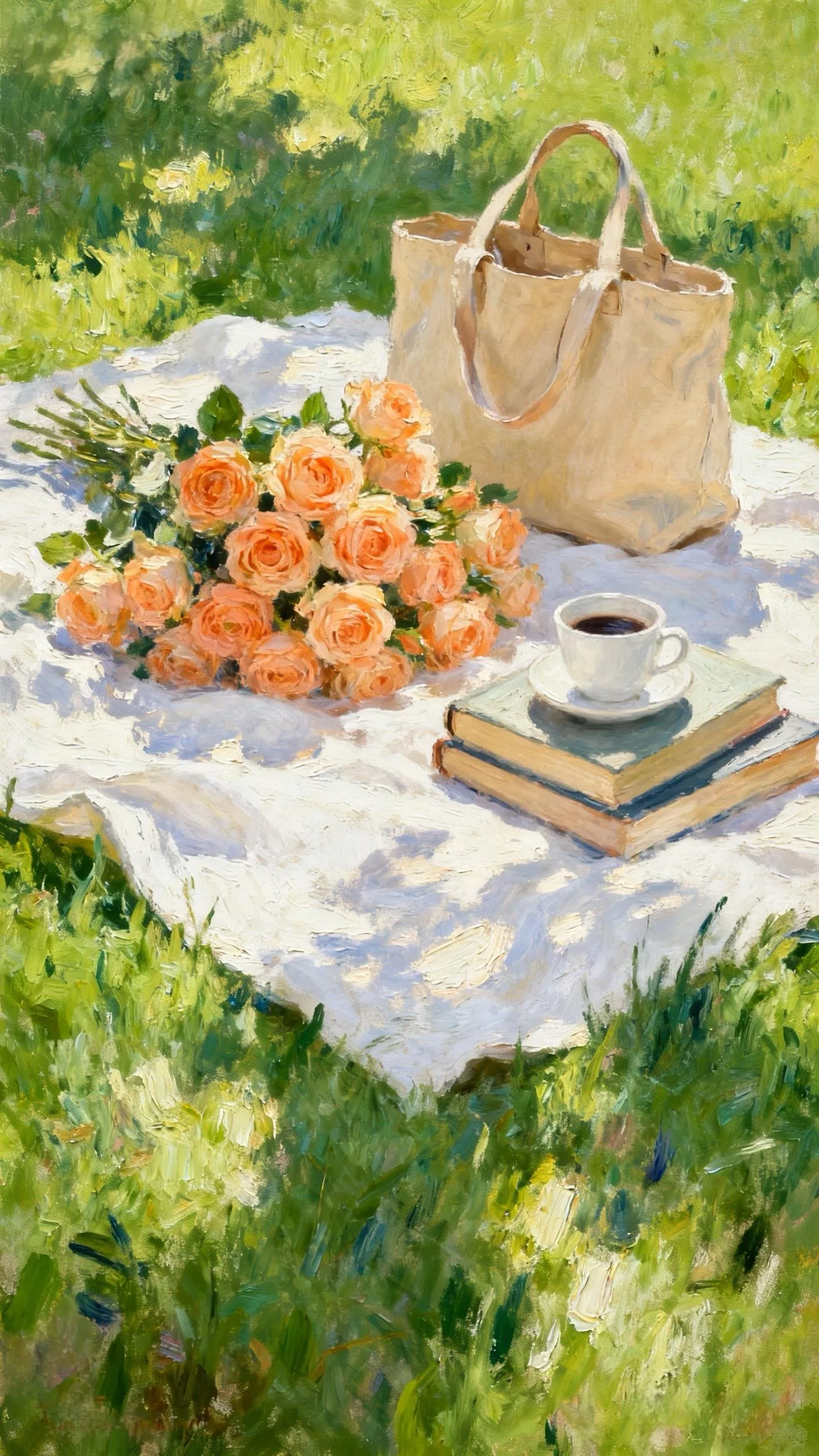 草坪上的花与书咖 — Oil on canvas