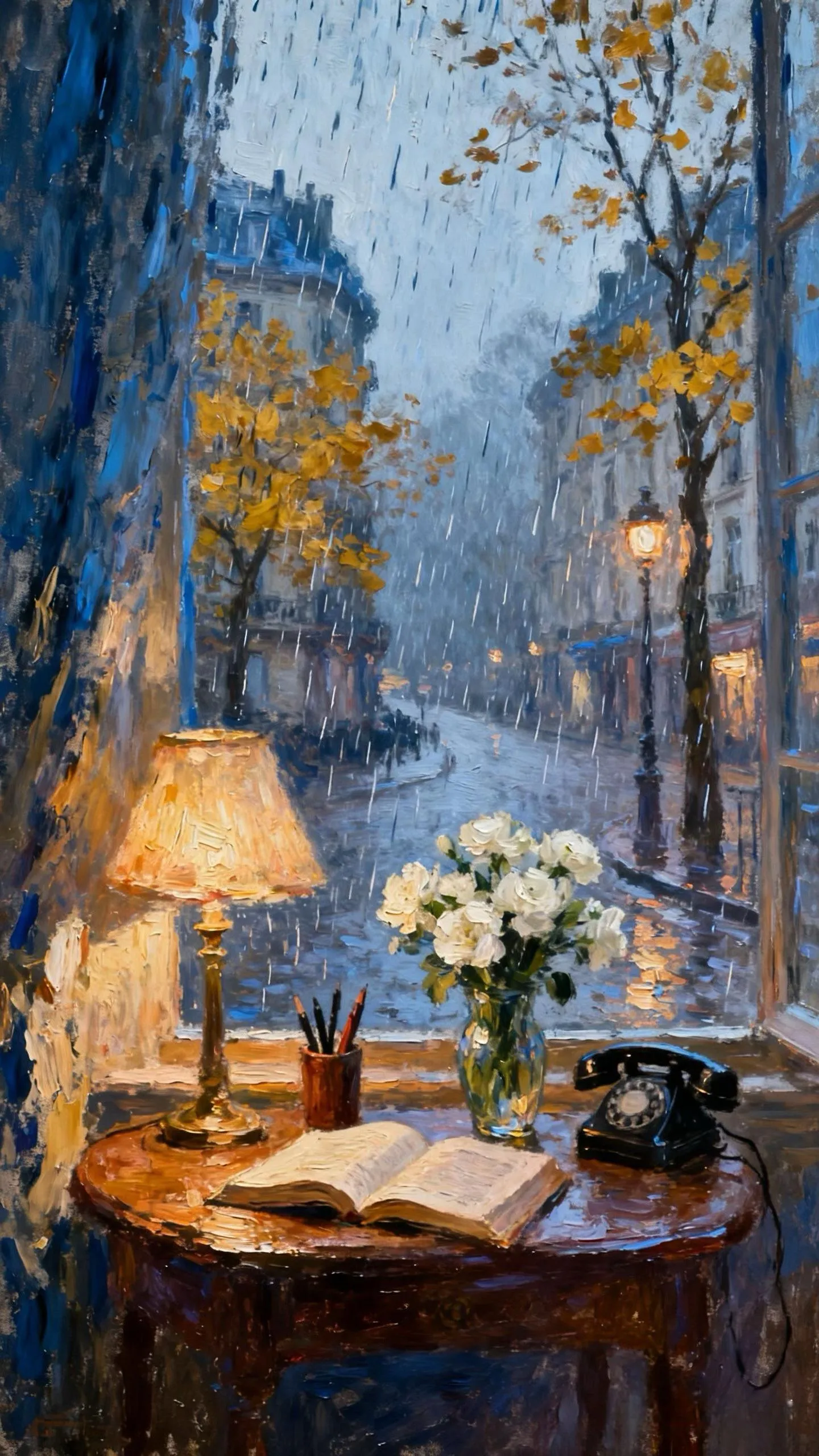 雨窗的书与白玫 — Oil on canvas