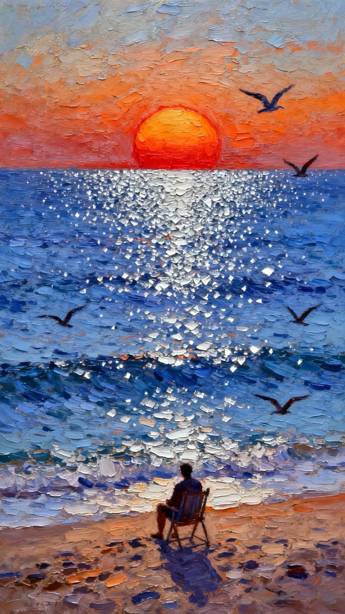 海滩落日的独思者 — Oil on canvas
