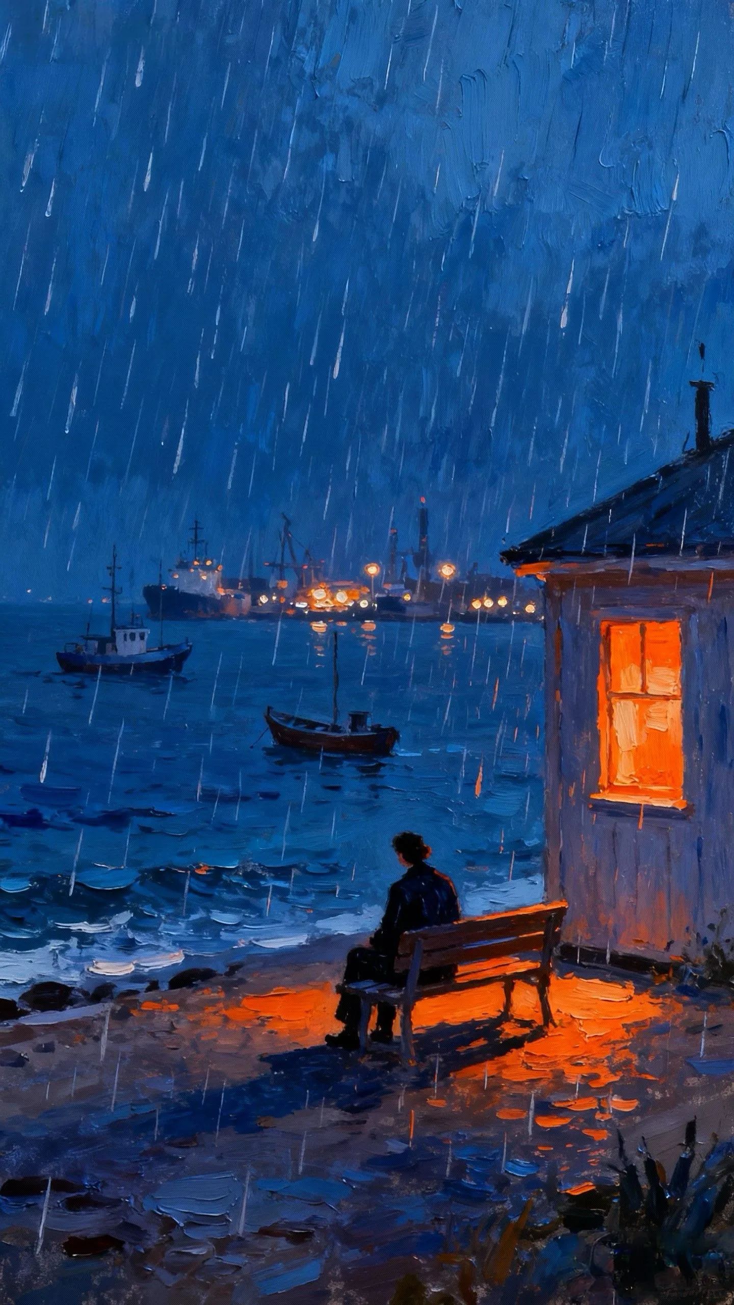 雨夜港灯的暖光独坐 — Oil on canvas