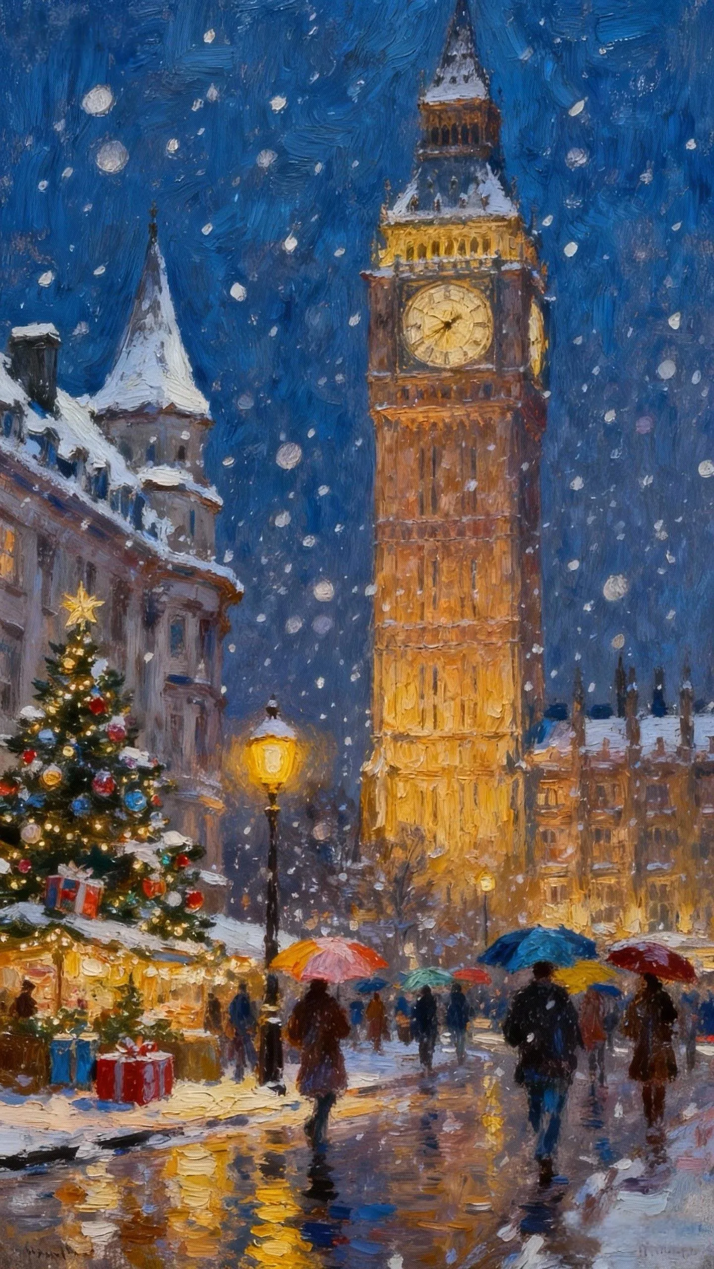 钟楼雪下的圣诞灯 — Oil on canvas
