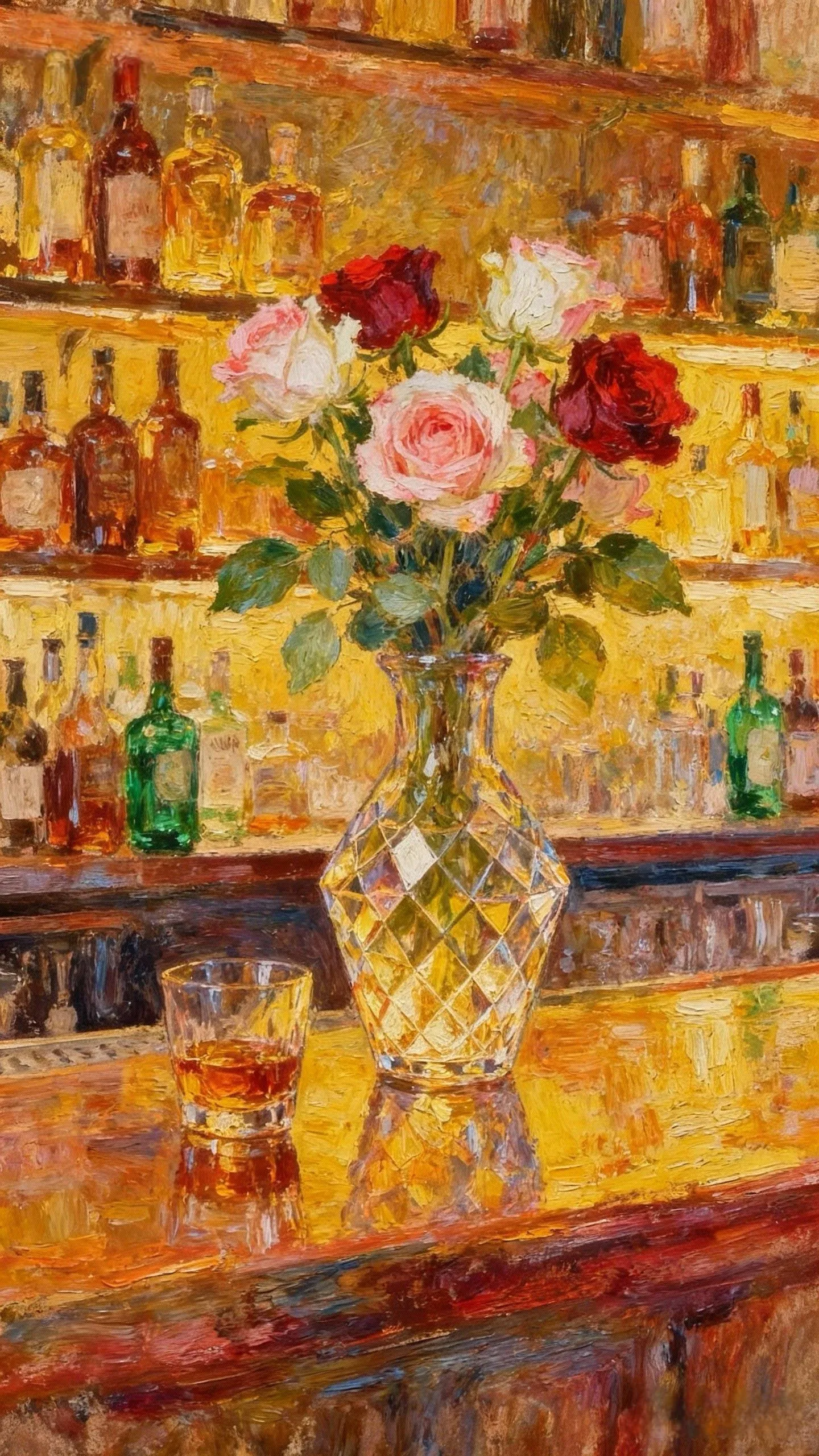 吧台的花与酒 — Oil on canvas