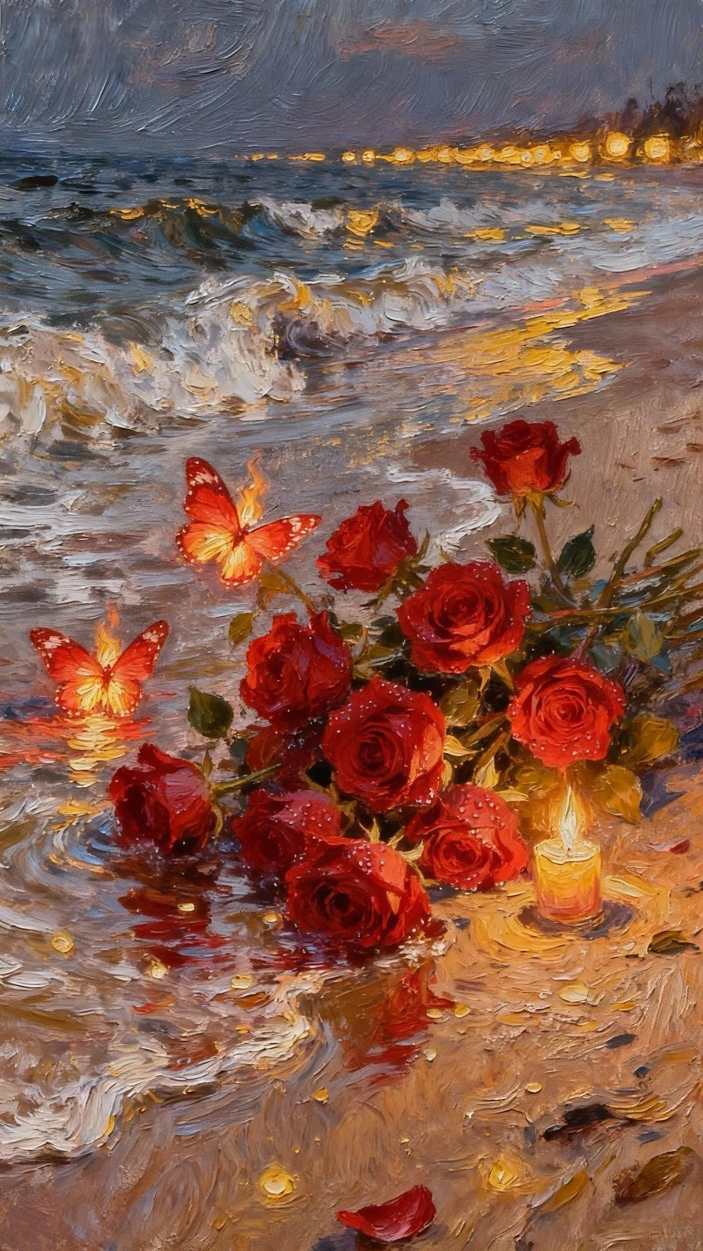 浪吻玫瑰火 — Oil on canvas
