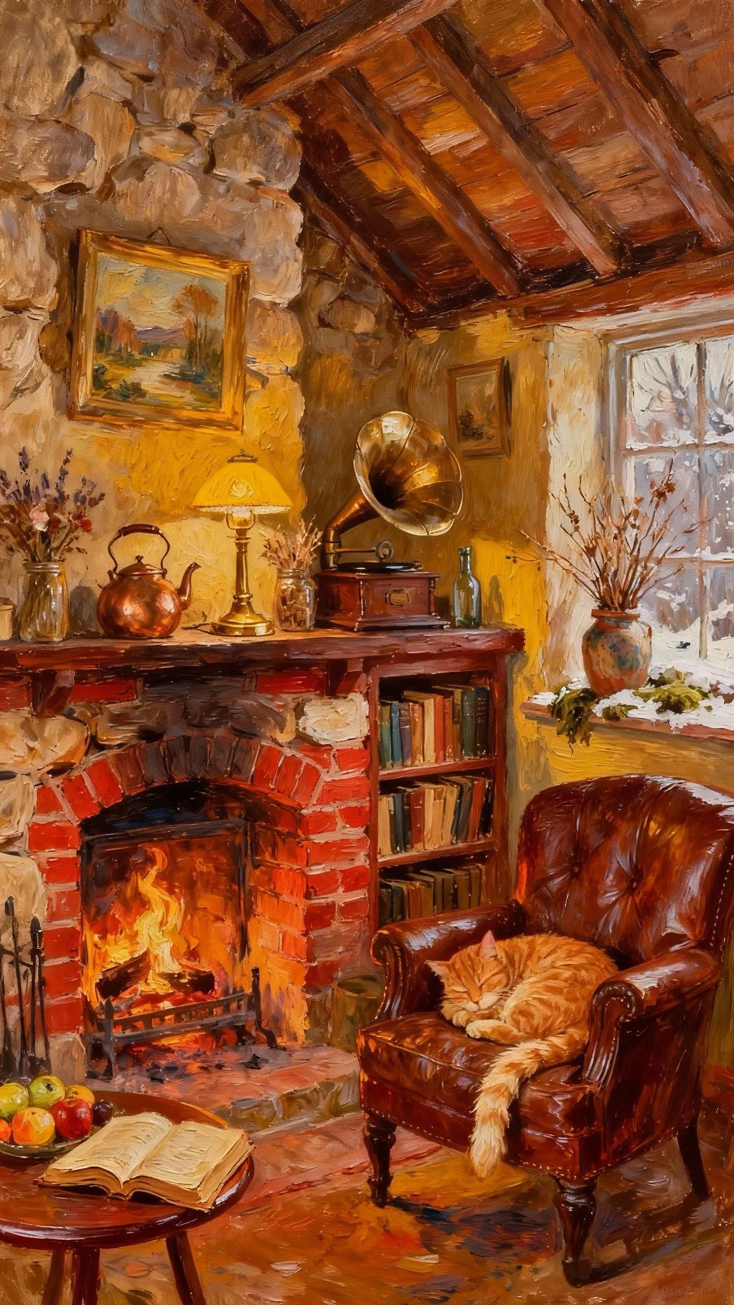 暖炉边的猫尾时光 — Oil on canvas