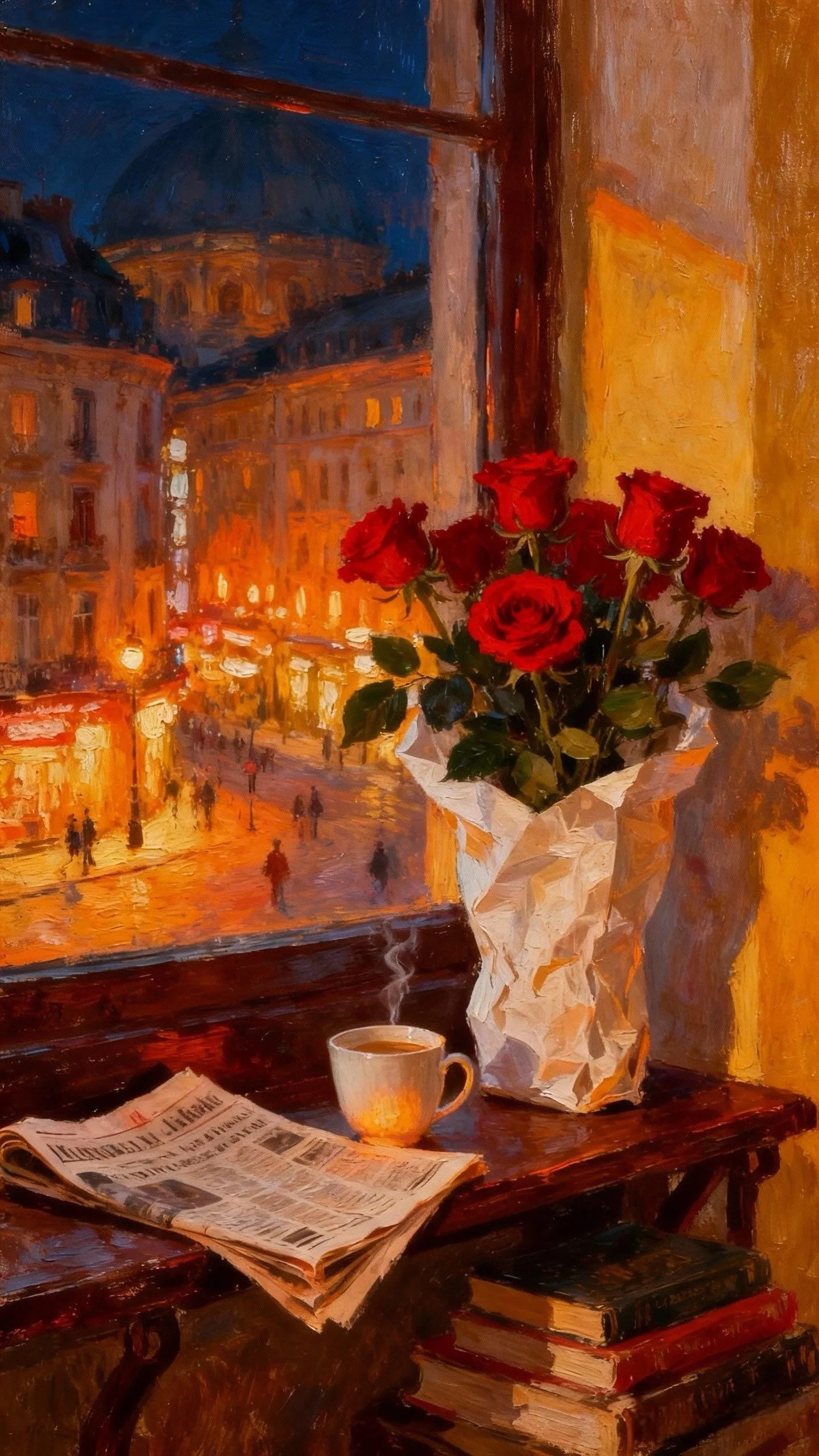 街灯浸窗的红玫香 — Oil on canvas