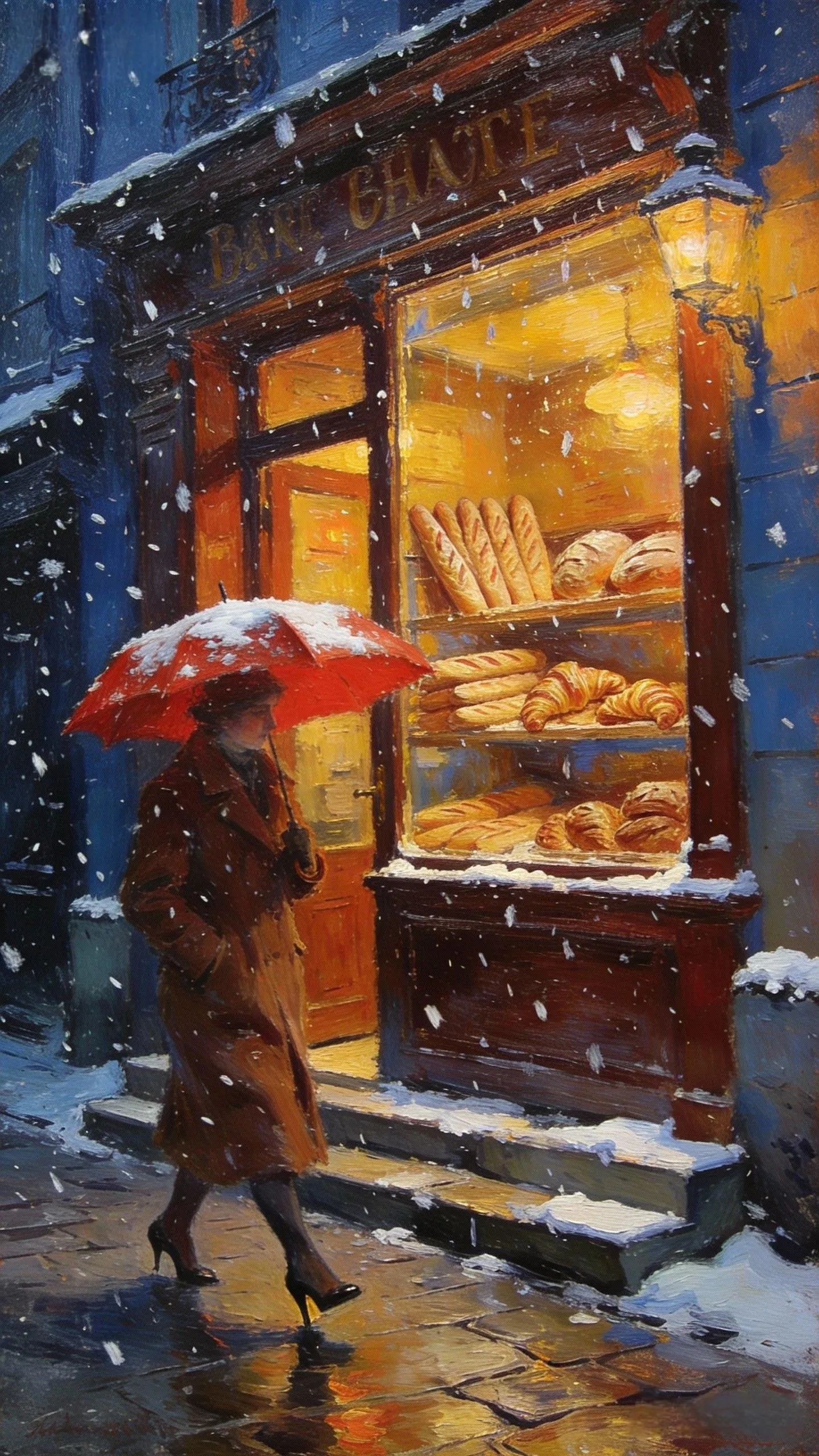雪裹的麦香与红影 — Oil on canvas
