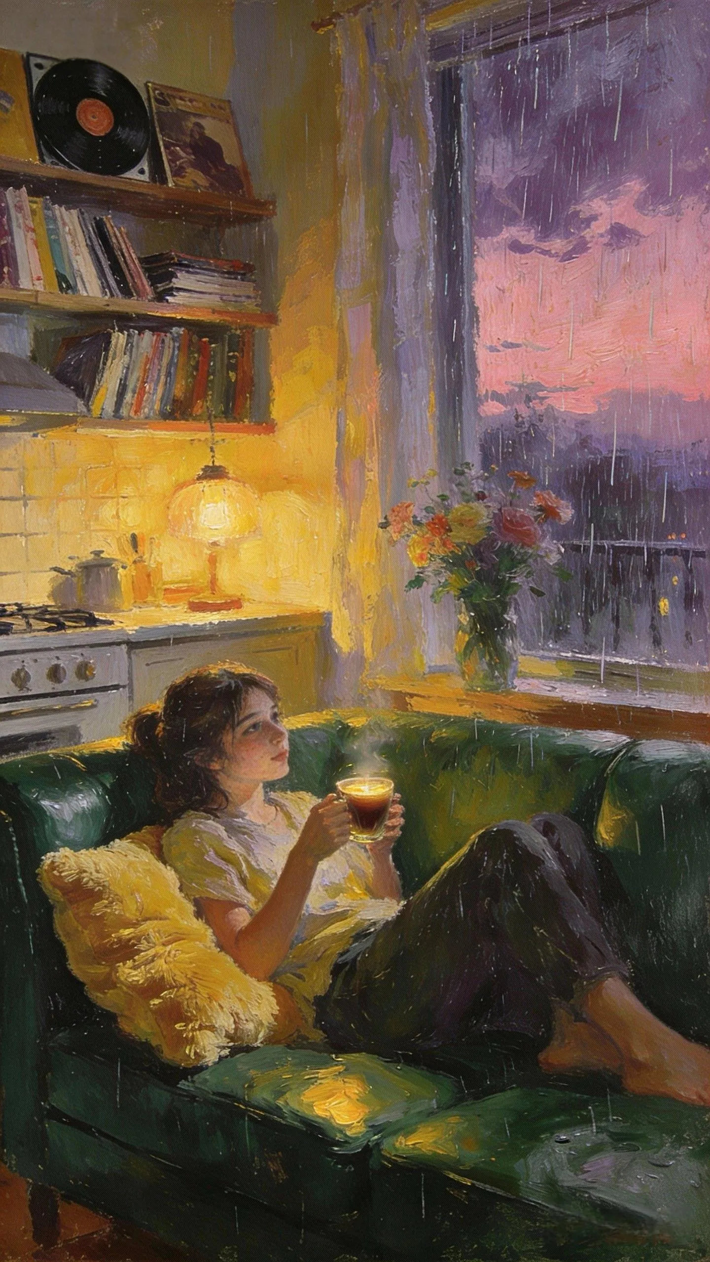 雨窗里的暖黄时光 — Oil on canvas