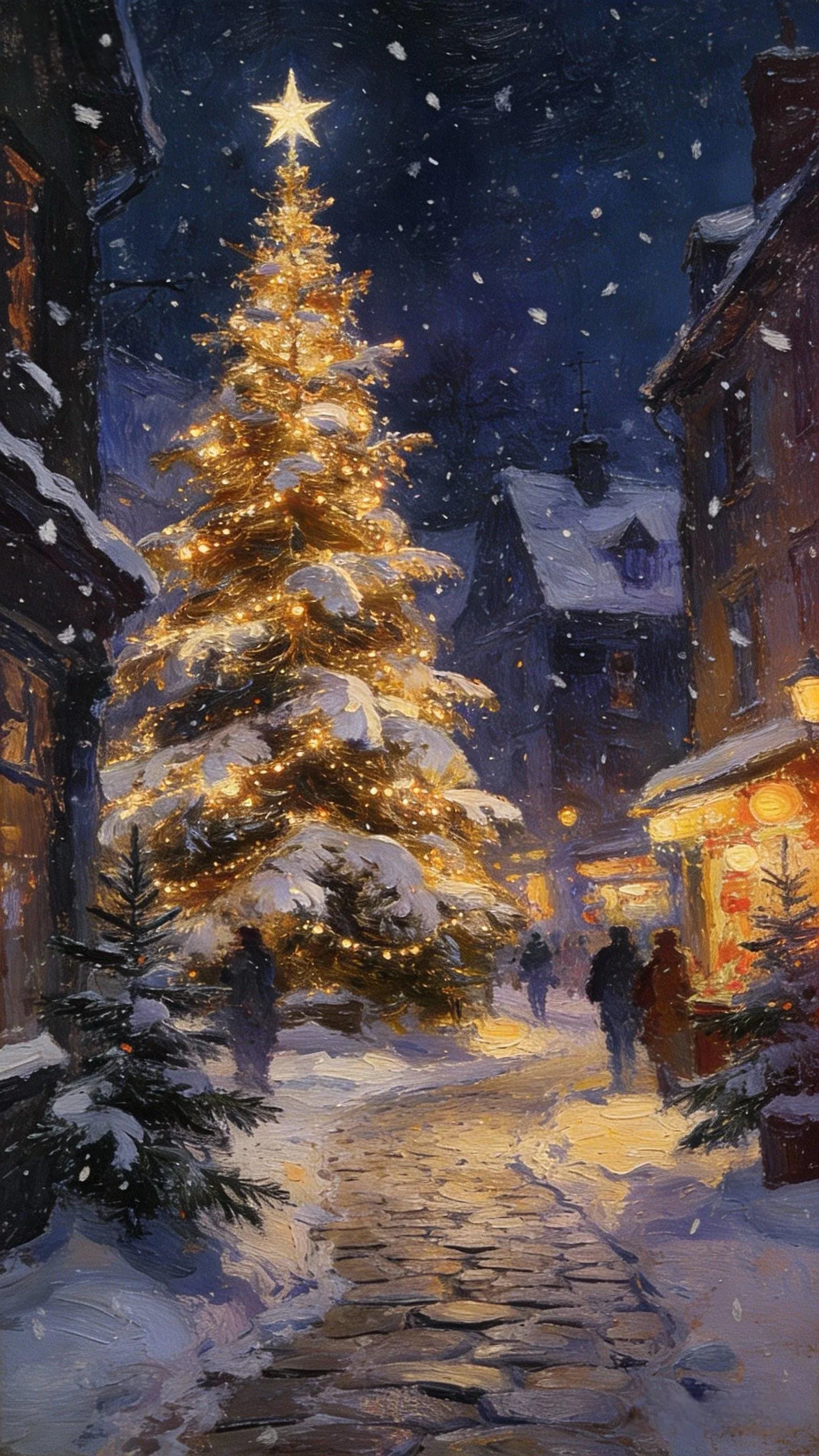 星顶树的雪巷暖光 — Oil on canvas