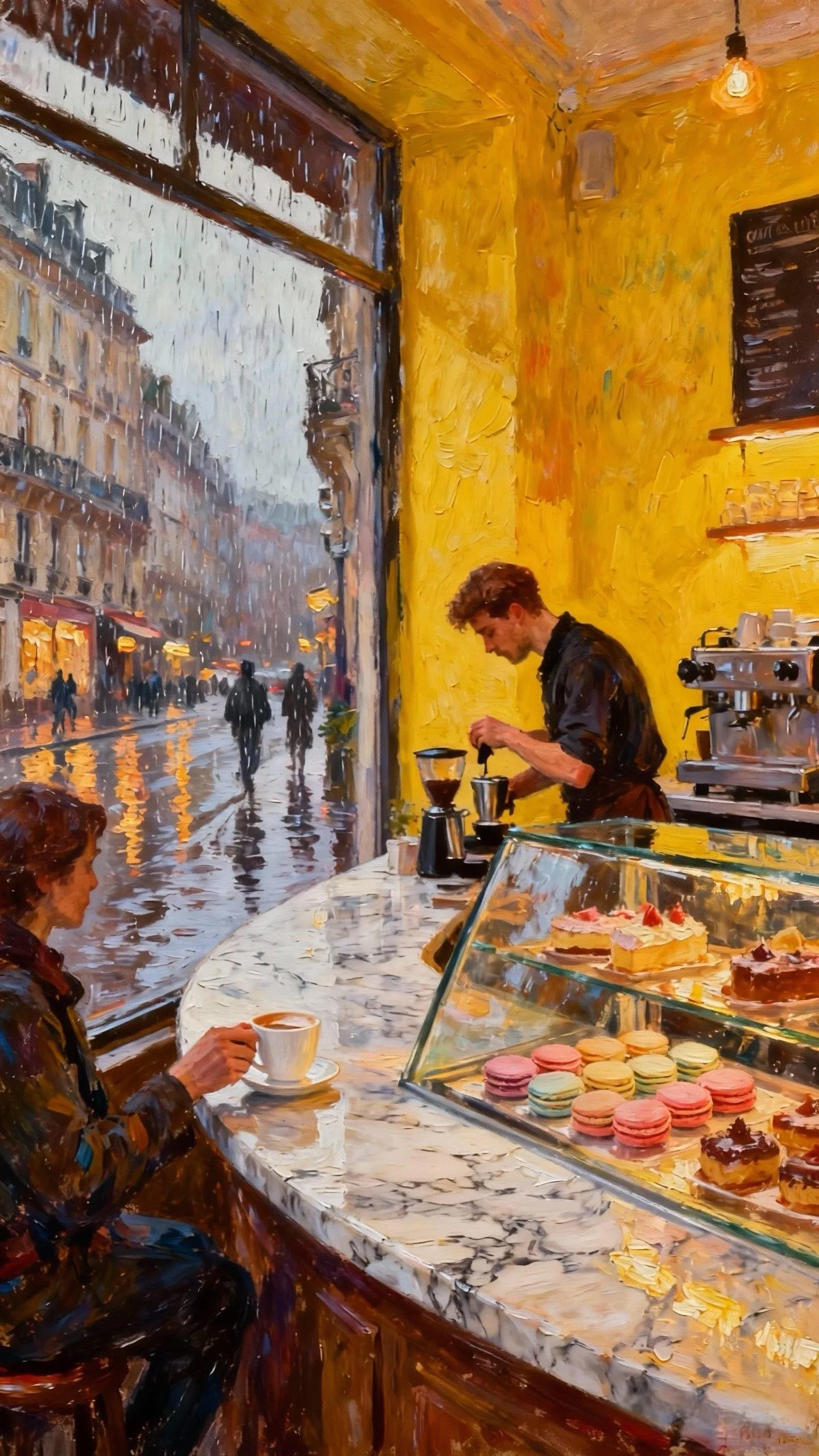 雨窗黄墙的咖啡香 — Oil on canvas