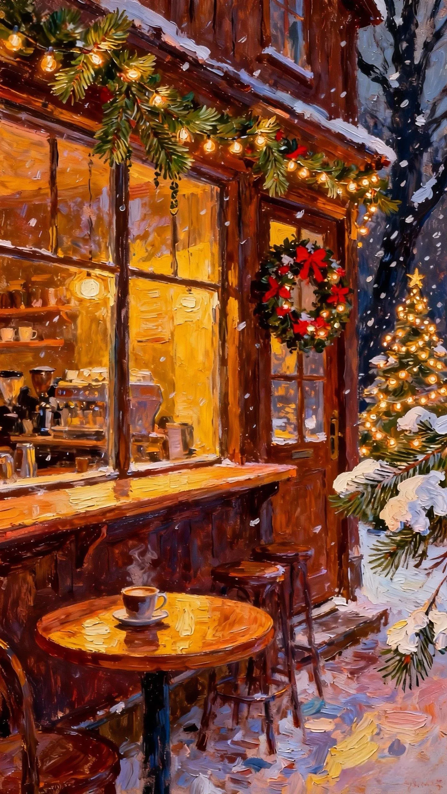 木窗暖雪的圣诞咖香 — Oil on canvas
