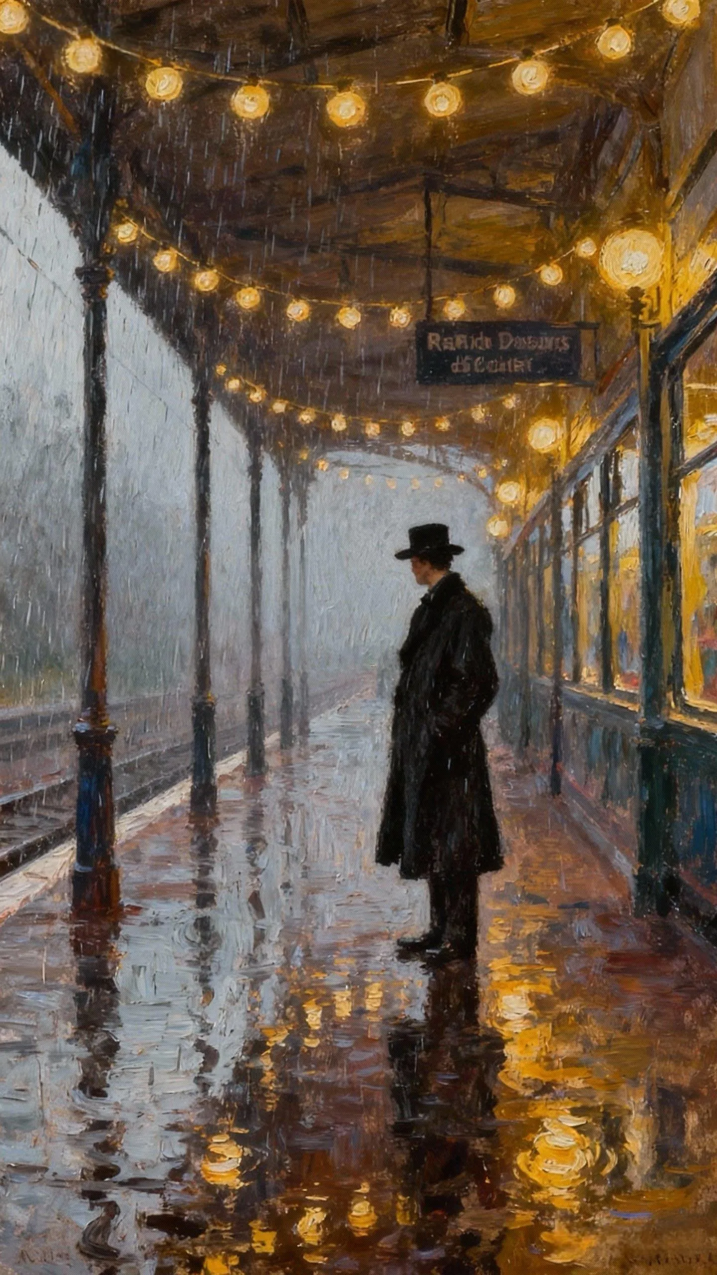 雨浸灯影的站台 — Oil on canvas