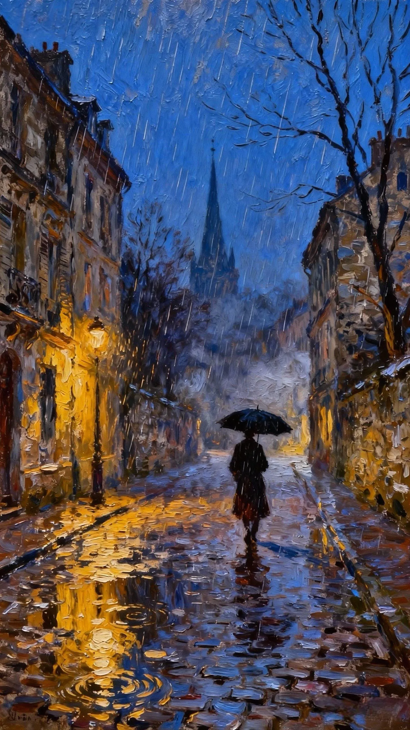 蓝雨金灯的巴黎巷 — Oil on canvas