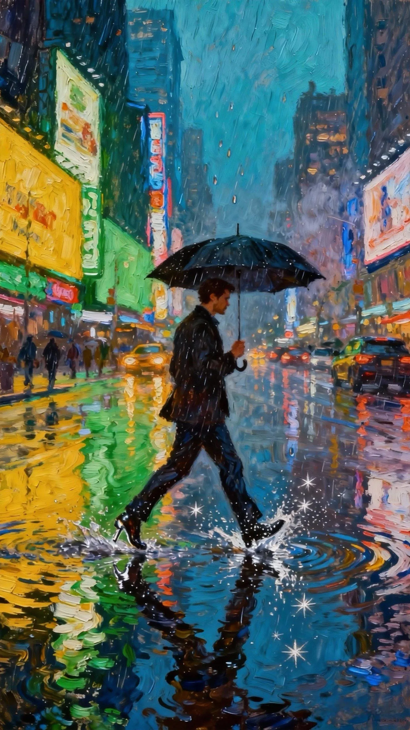 霓虹雨巷的都市步履 — Oil on canvas