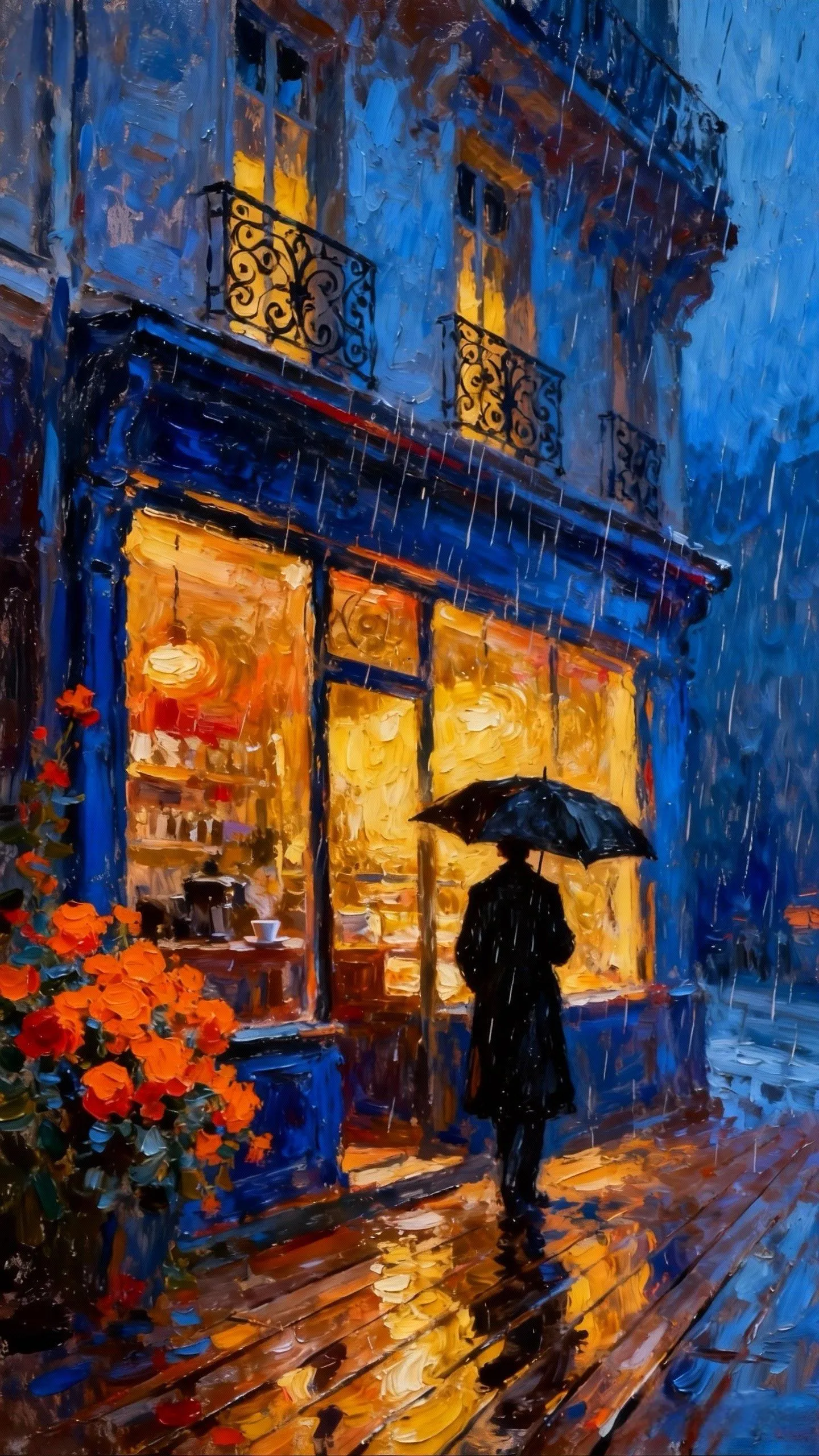 蓝墙金窗的巴黎雨影 — Oil on canvas