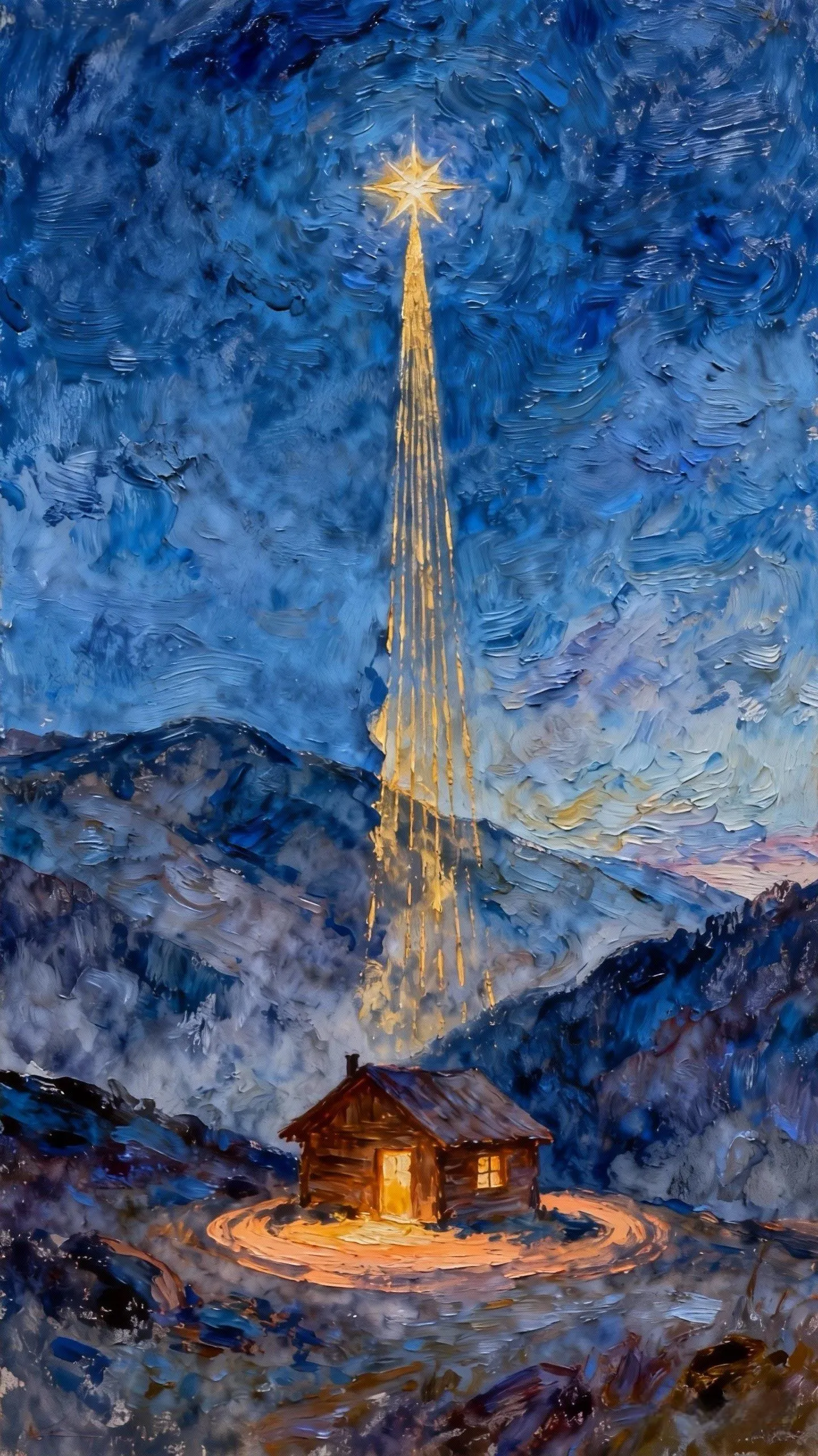星芒下的山间暖屋 — Oil on canvas