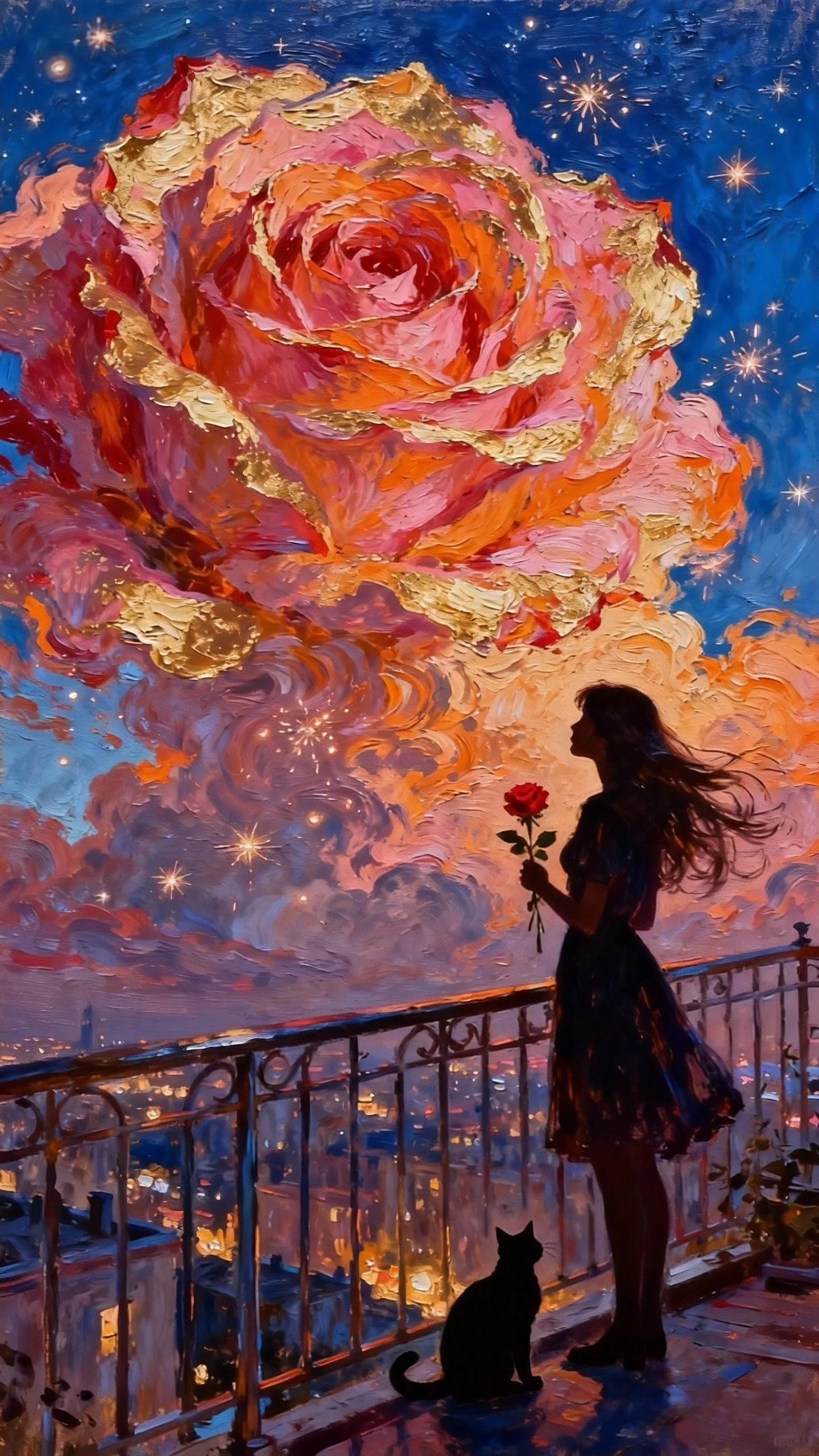 星空下的玫瑰幻梦 — Oil on canvas