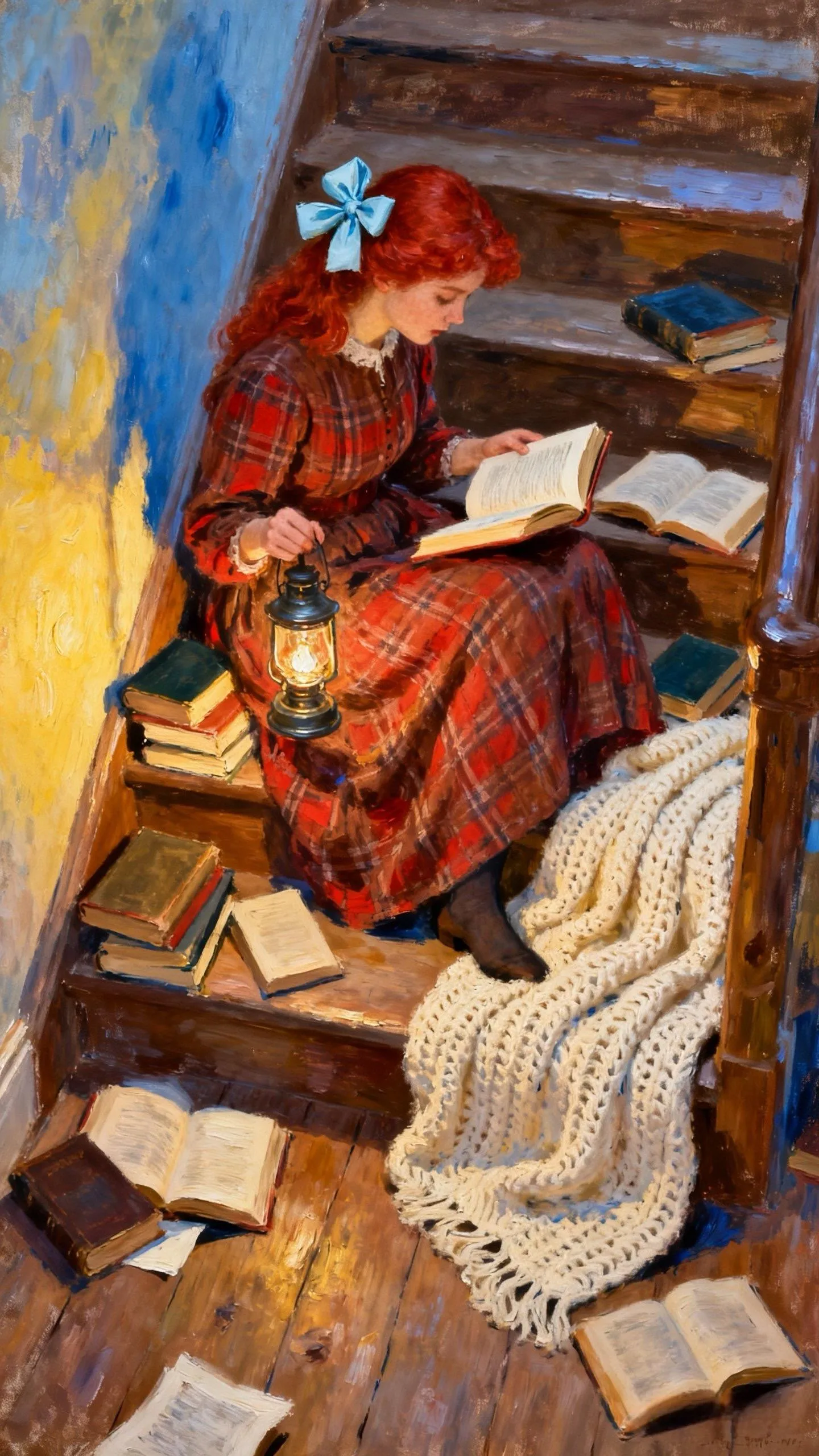 阶梯上的书梦 — Oil on canvas