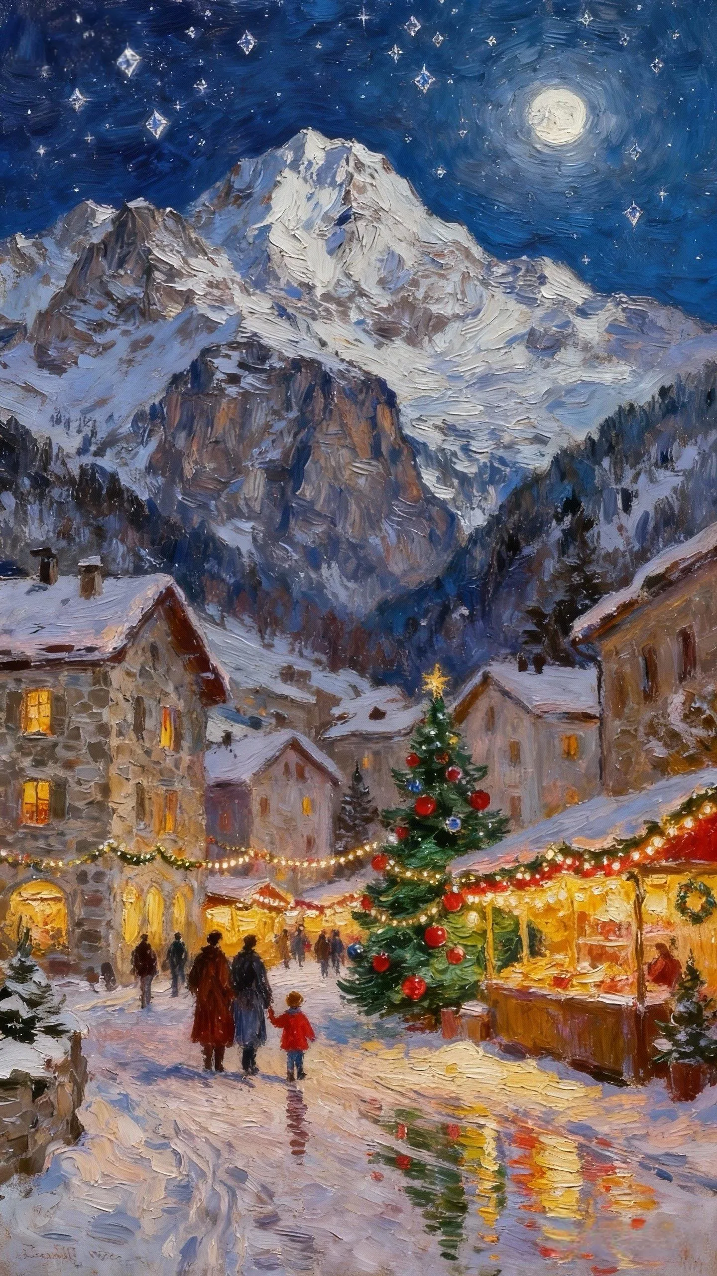雪山下的圣诞市集 — Oil on canvas