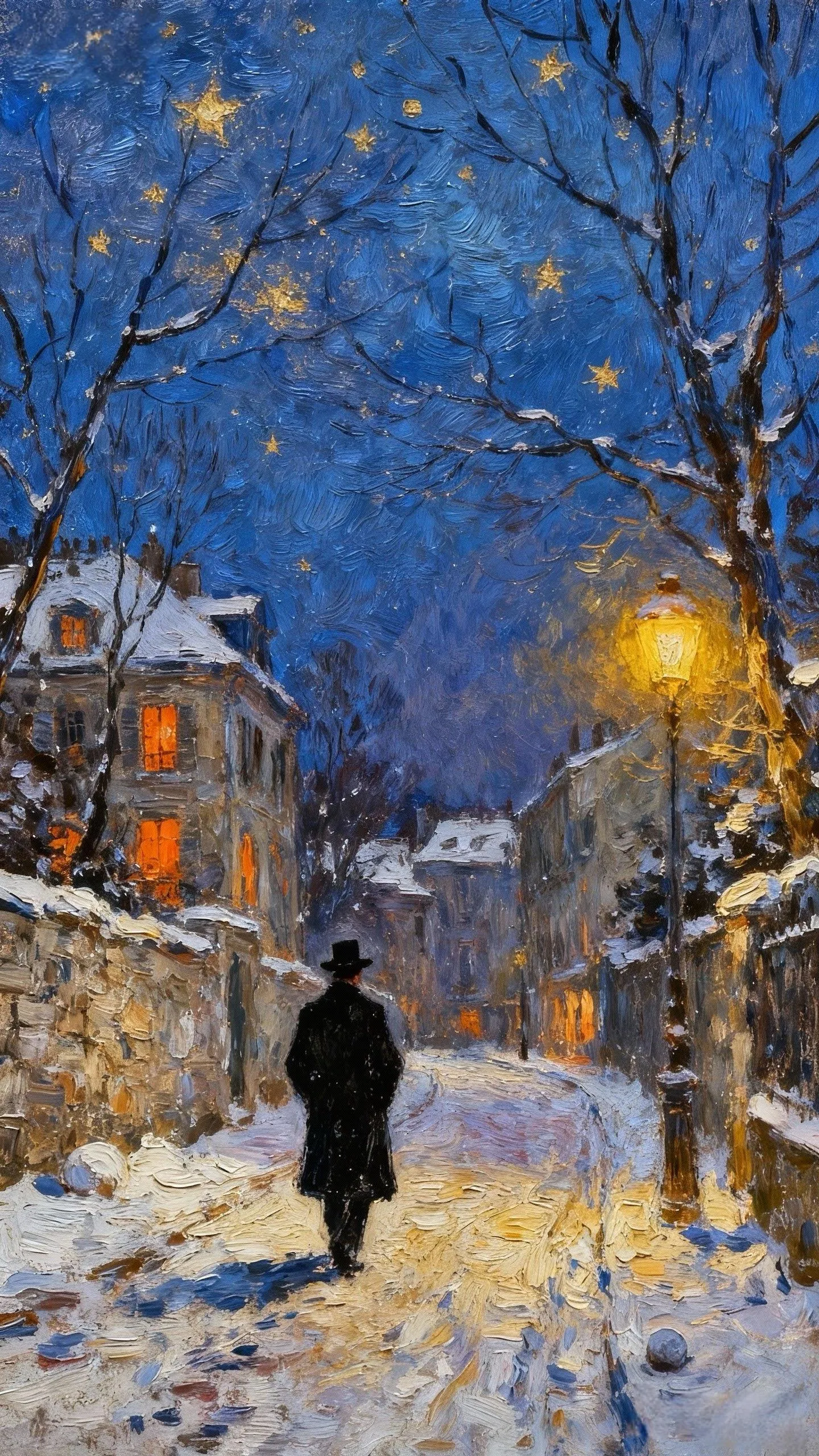 巴黎雪夜的灯影行 — Oil on canvas