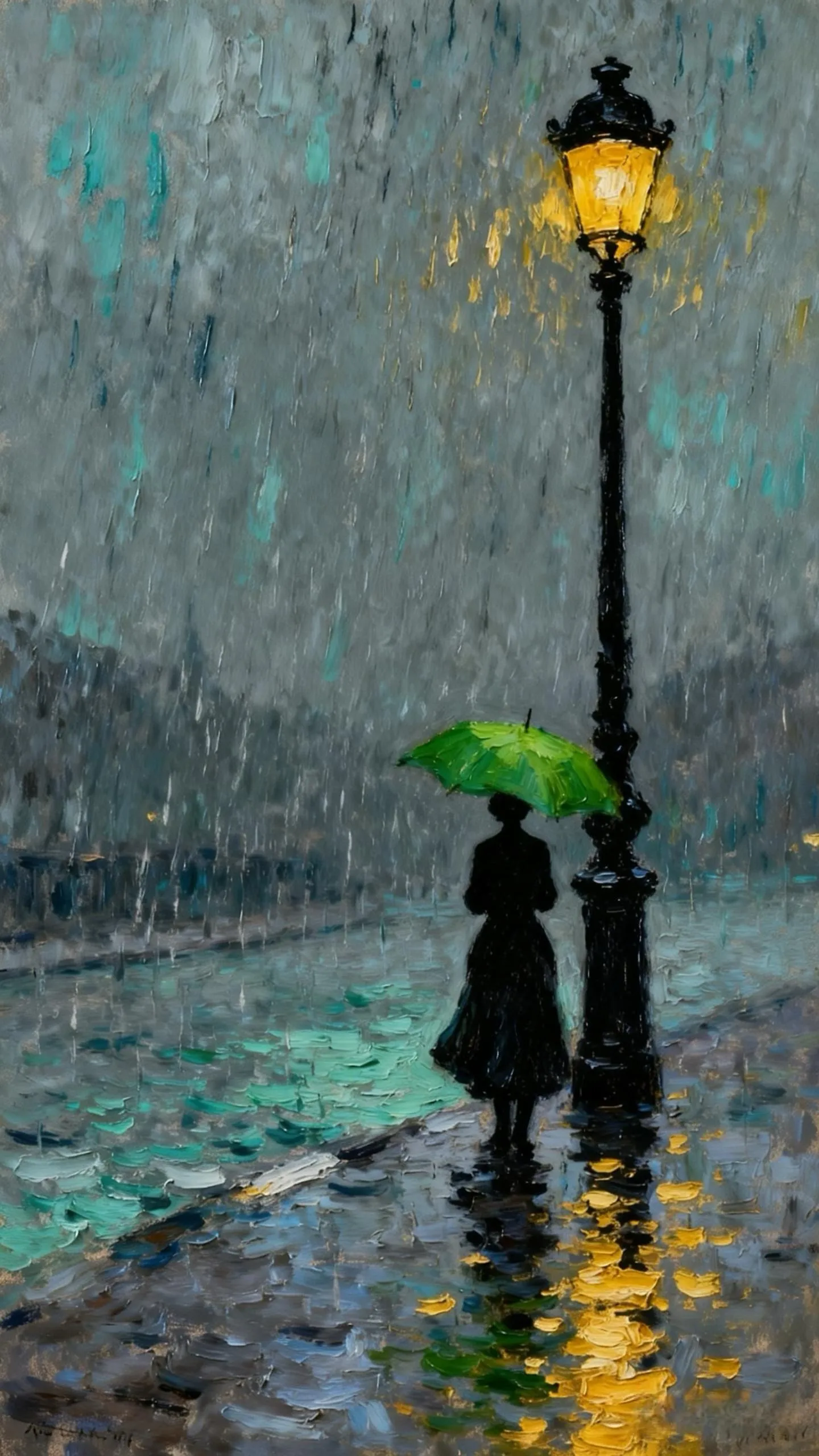 雨巷的绿伞暖灯 — Oil on canvas