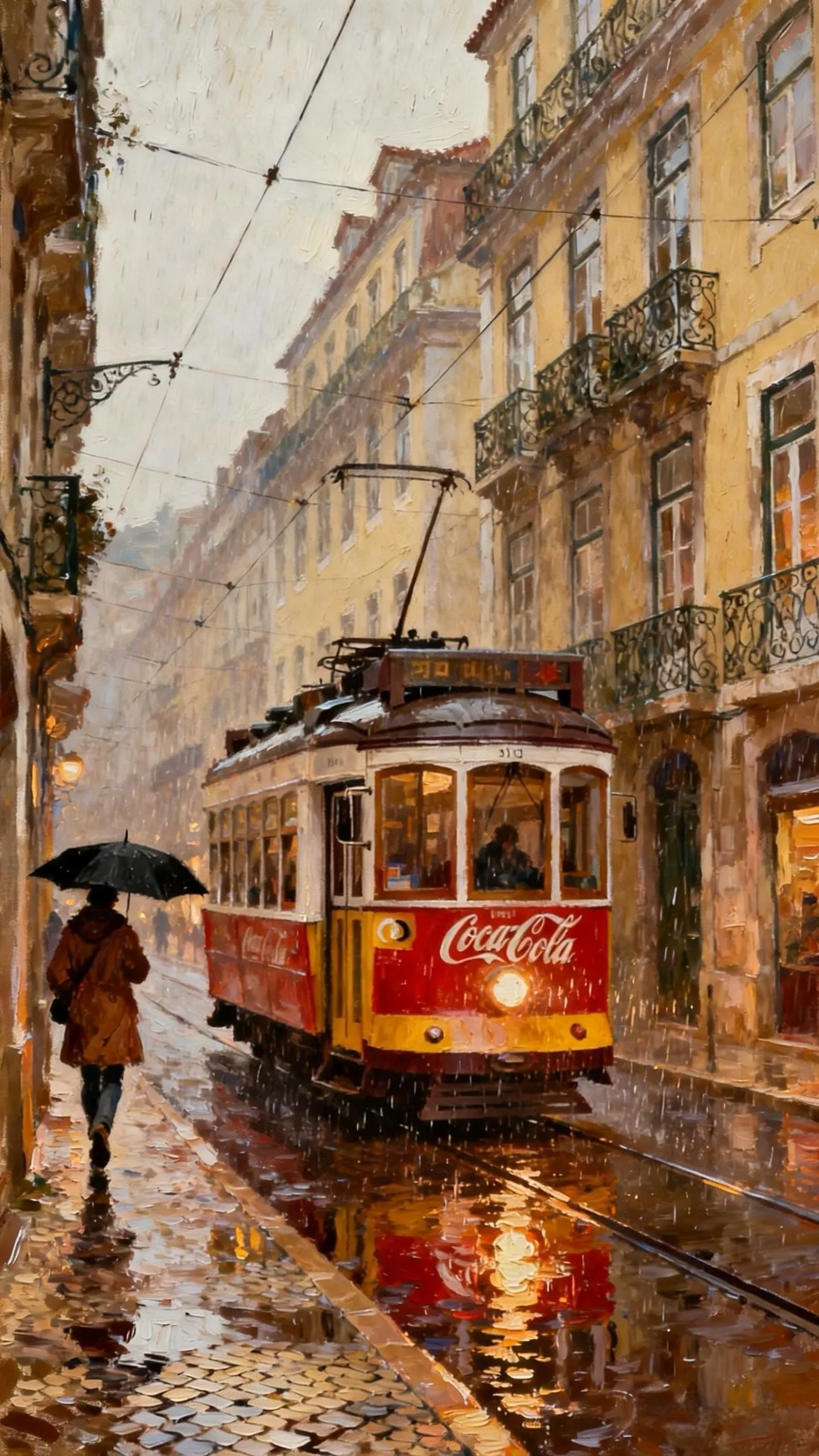 里斯本雨夜的电车行 — Oil on canvas