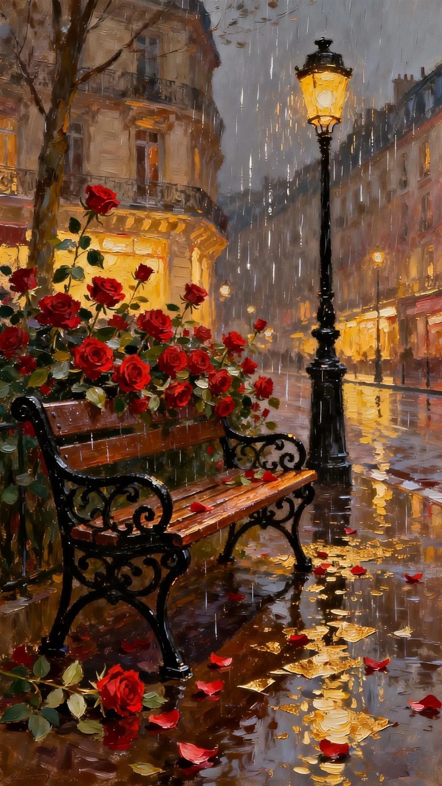 灯影雨巷的红玫温柔 — Oil on canvas