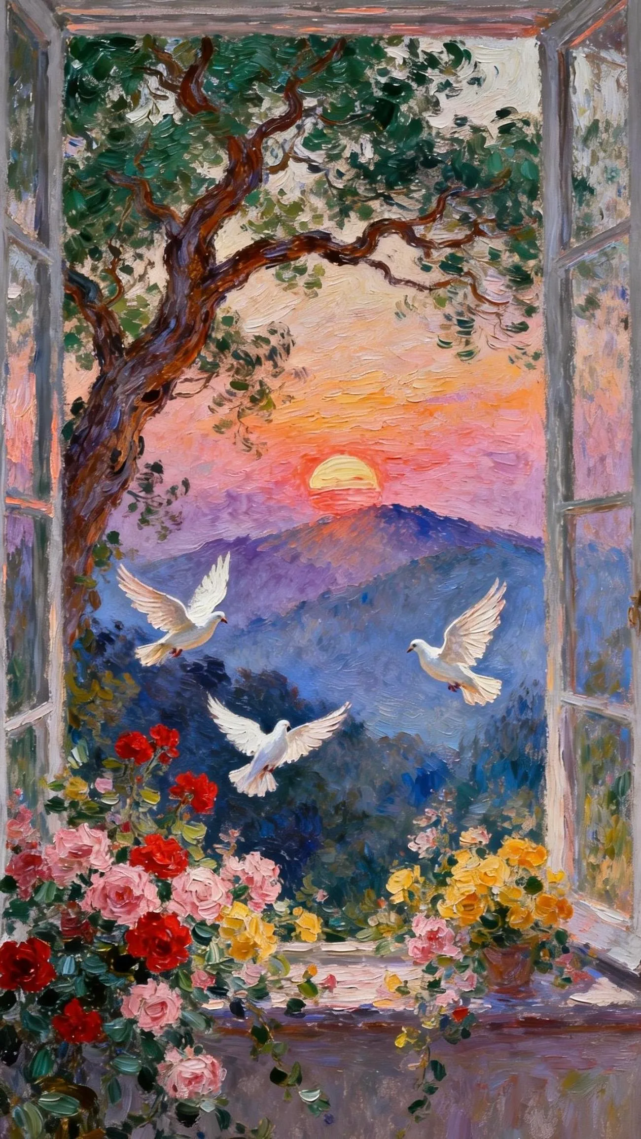 窗揽霞天鸽舞春 — Oil on canvas