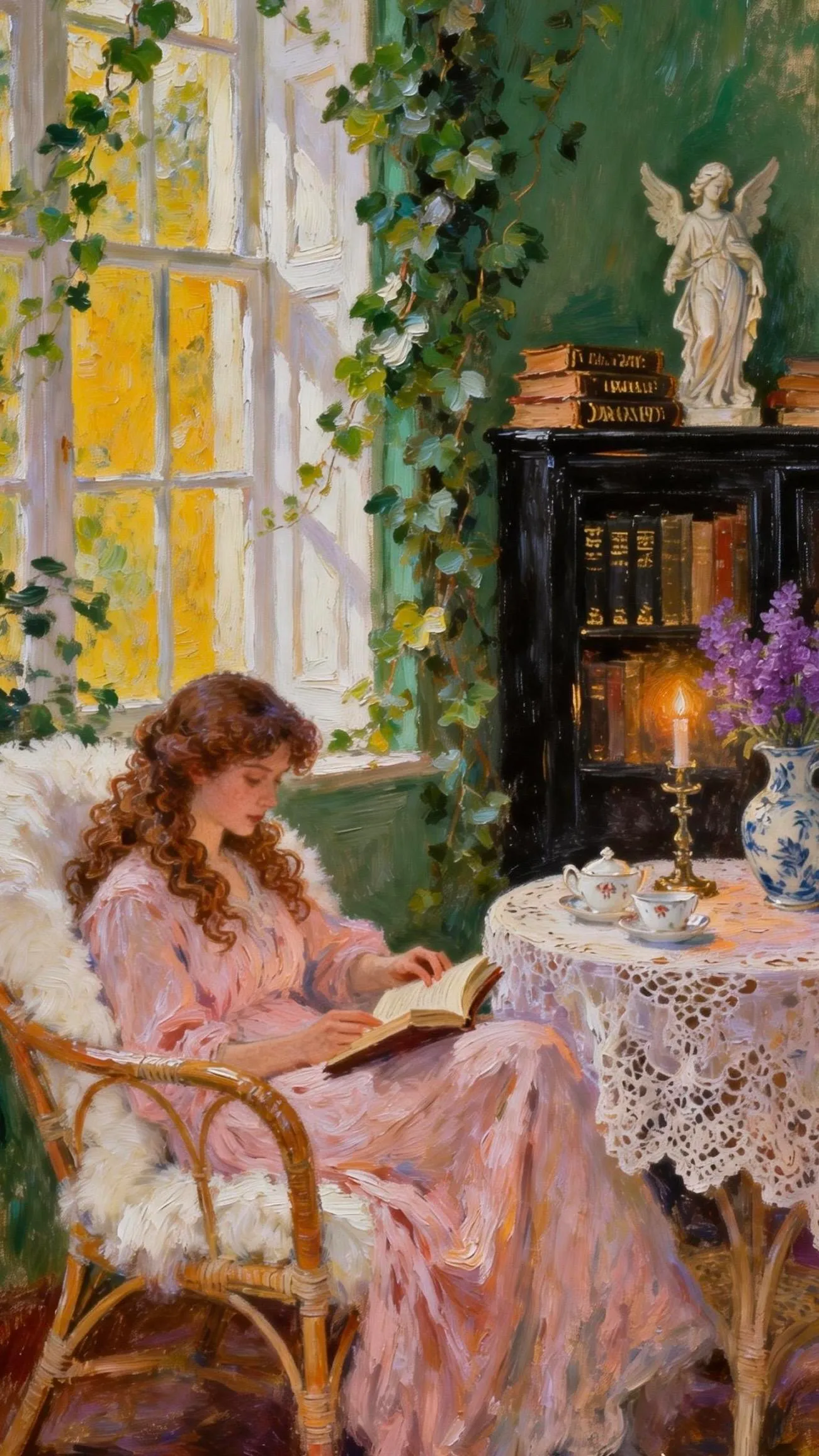 绿藤窗下的书韵闲 — Oil on canvas