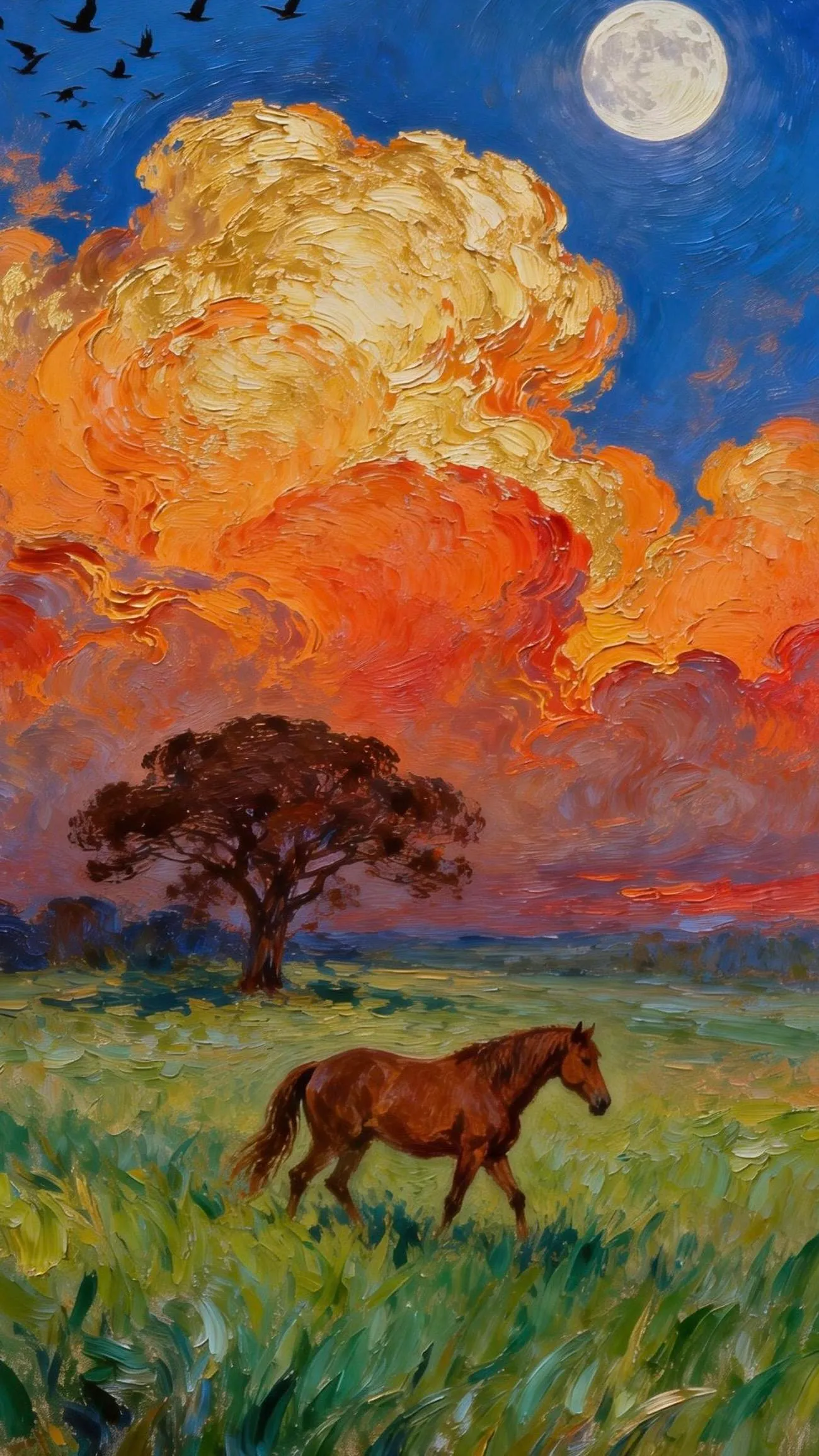 金云月夜的奔马行 — Oil on canvas