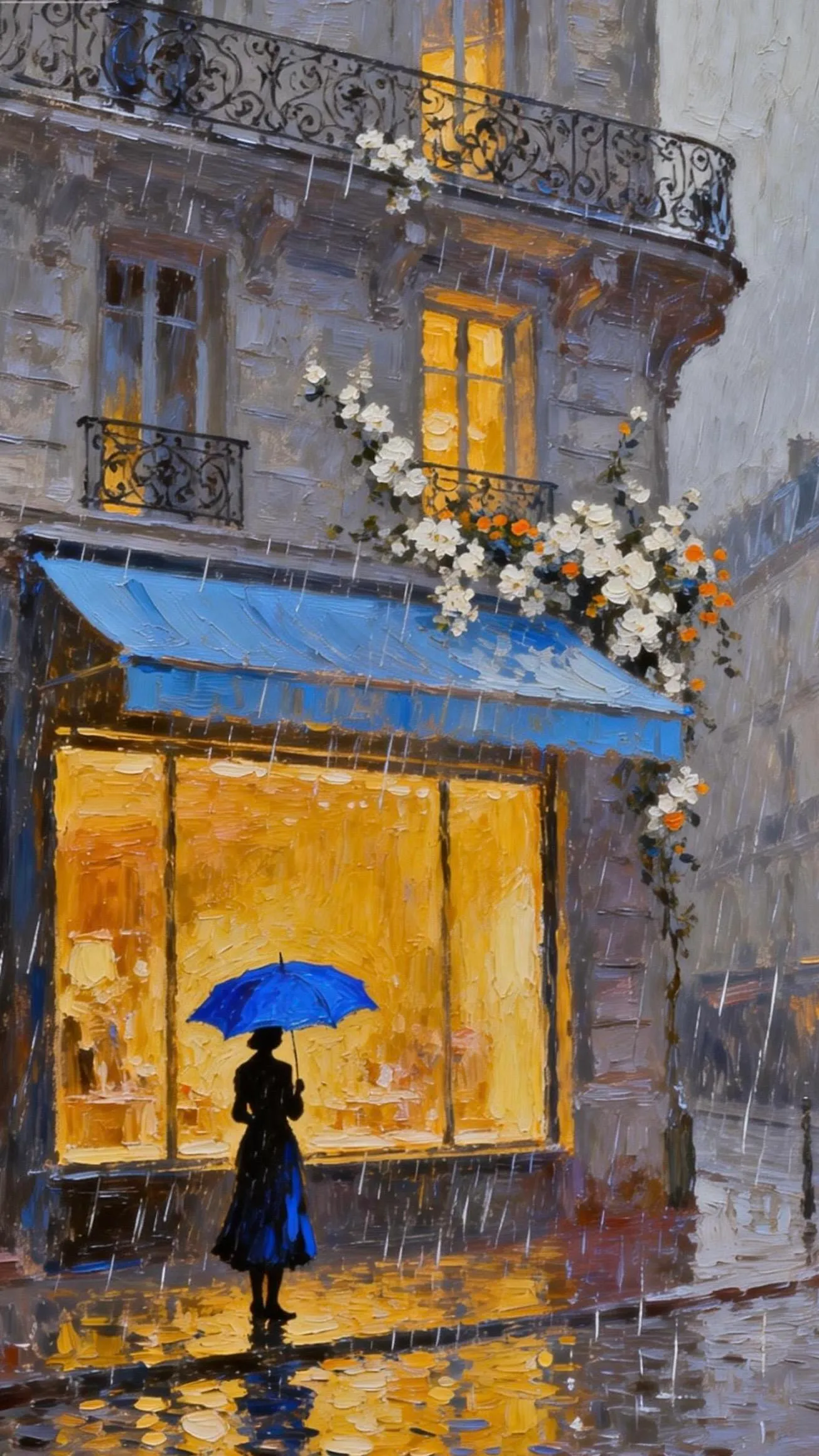蓝伞映暖的巴黎雨巷 — Oil on canvas