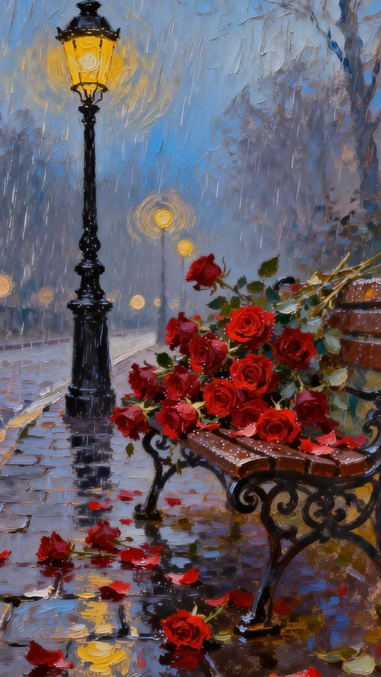 雨巷灯影的红玫炽烈 — Oil on canvas