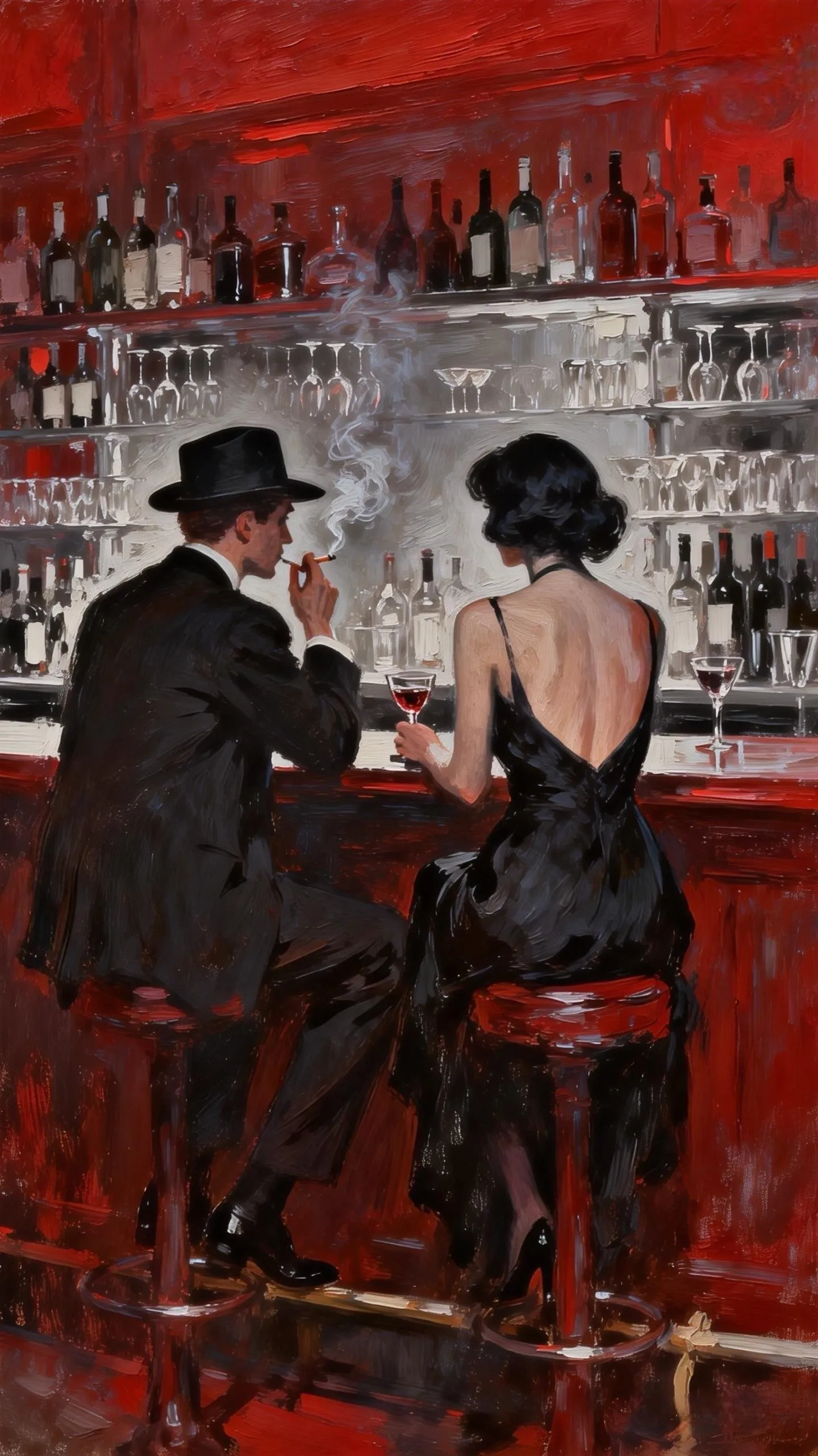 红墙酒吧的暗调邂逅 — Oil on canvas
