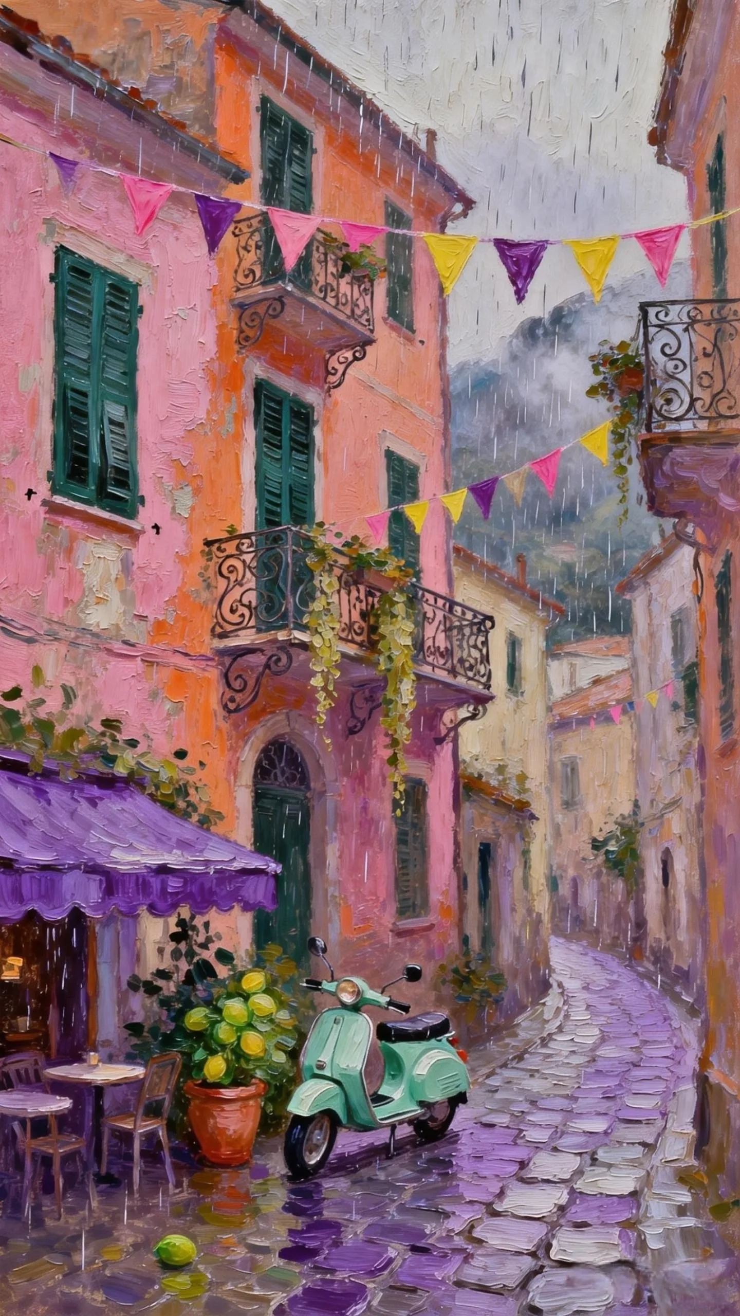 雨落阿玛尔菲的彩巷 — Oil on canvas