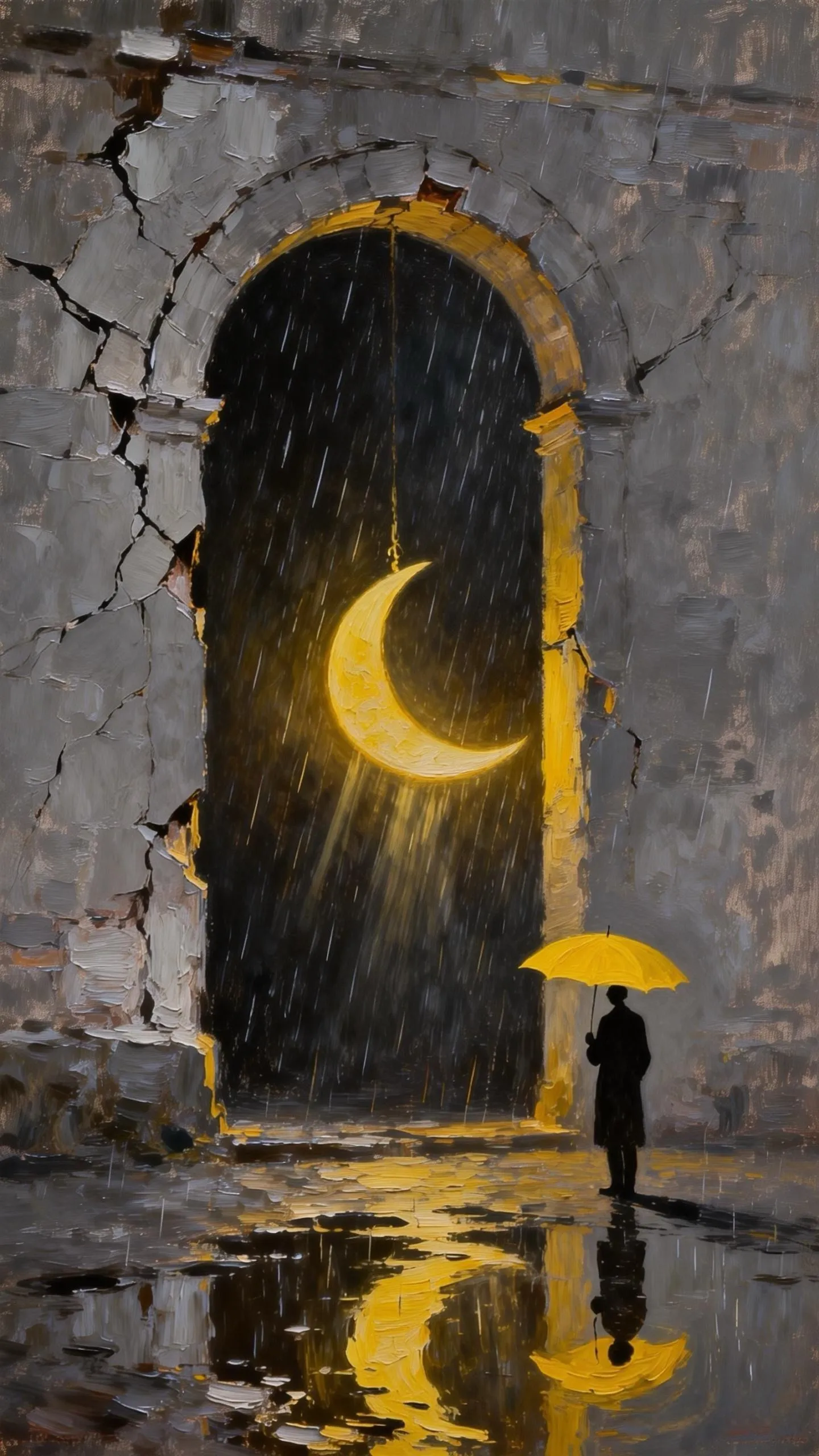 月牙与黄伞的浪漫遇 — Oil on canvas