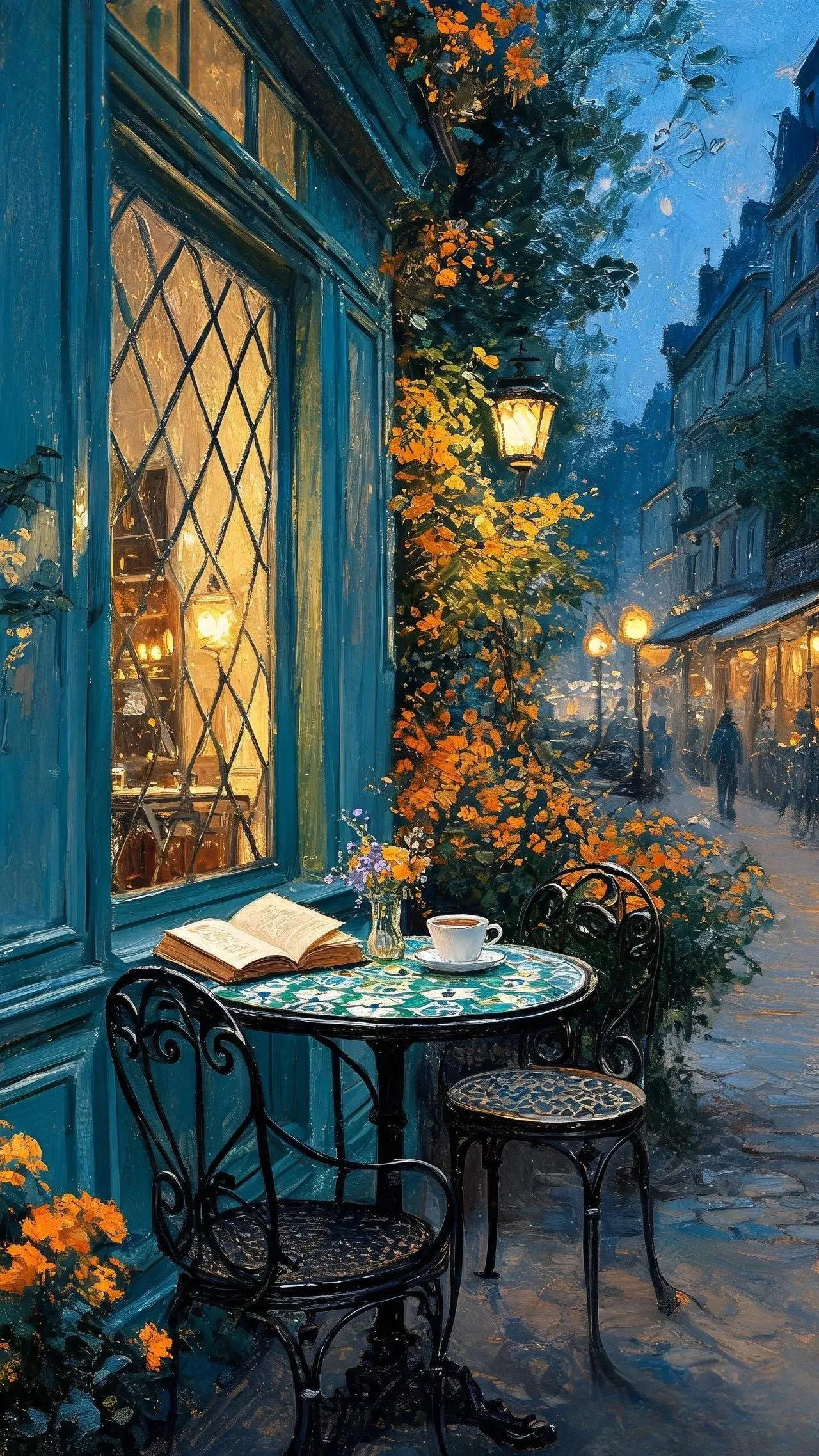 夜巷茶隅 — Oil on canvas