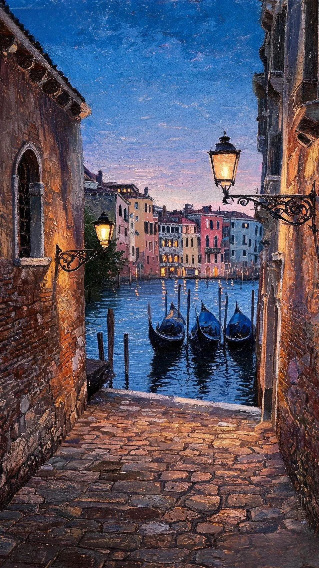 石巷衔住一汪碧流灯晕揉碎暮色温柔... — Oil on canvas